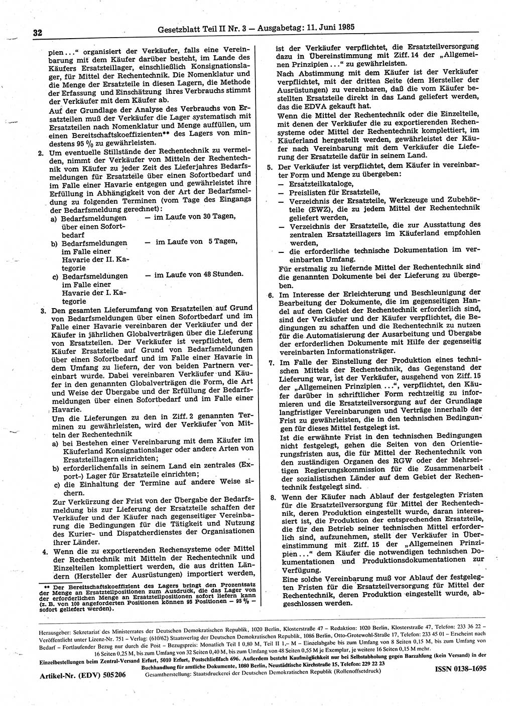 Gesetzblatt (GBl.) der Deutschen Demokratischen Republik (DDR) Teil ⅠⅠ 1985, Seite 32 (GBl. DDR ⅠⅠ 1985, S. 32)