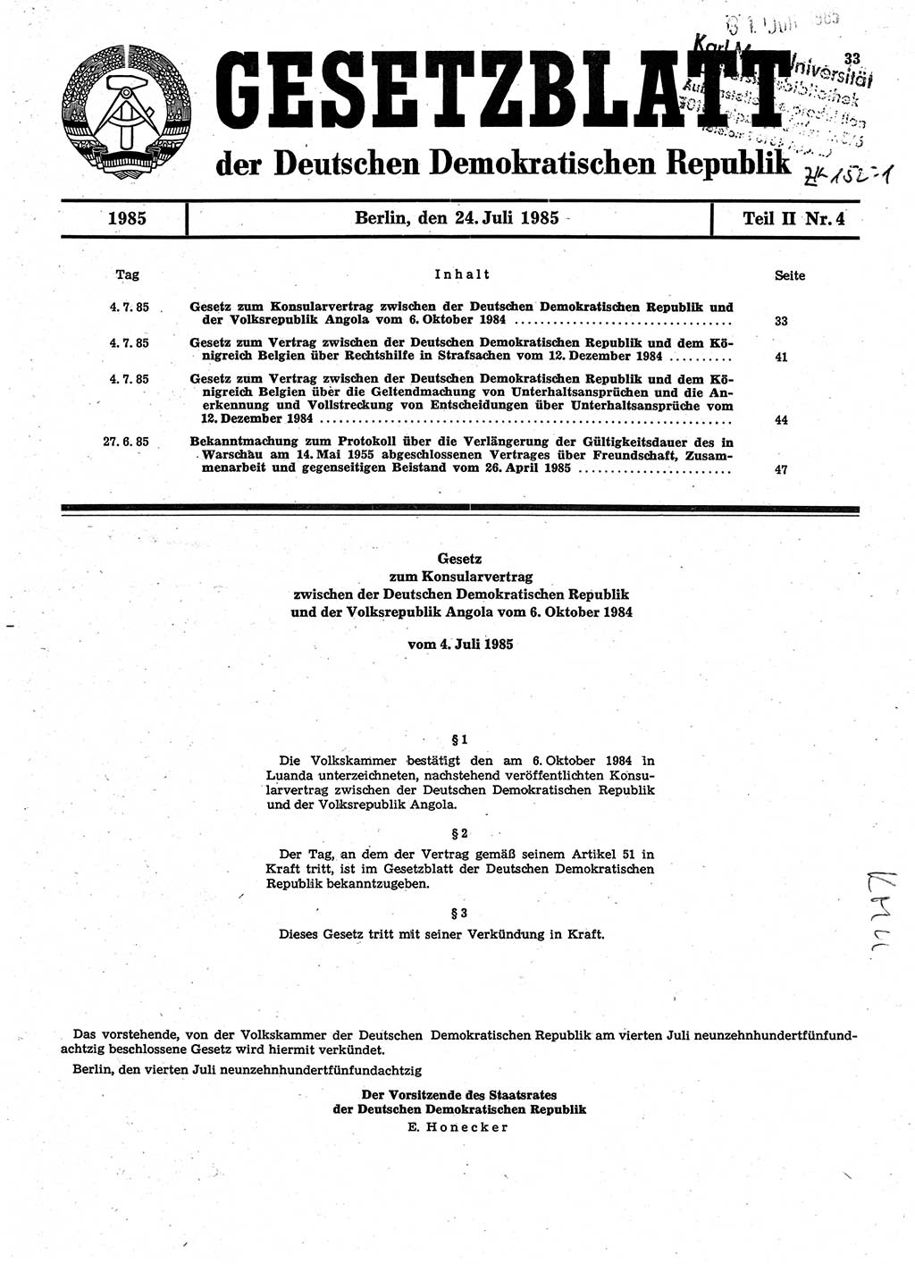 Gesetzblatt (GBl.) der Deutschen Demokratischen Republik (DDR) Teil ⅠⅠ 1985, Seite 33 (GBl. DDR ⅠⅠ 1985, S. 33)