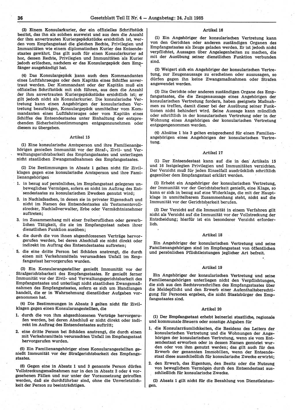 Gesetzblatt (GBl.) der Deutschen Demokratischen Republik (DDR) Teil ⅠⅠ 1985, Seite 36 (GBl. DDR ⅠⅠ 1985, S. 36)