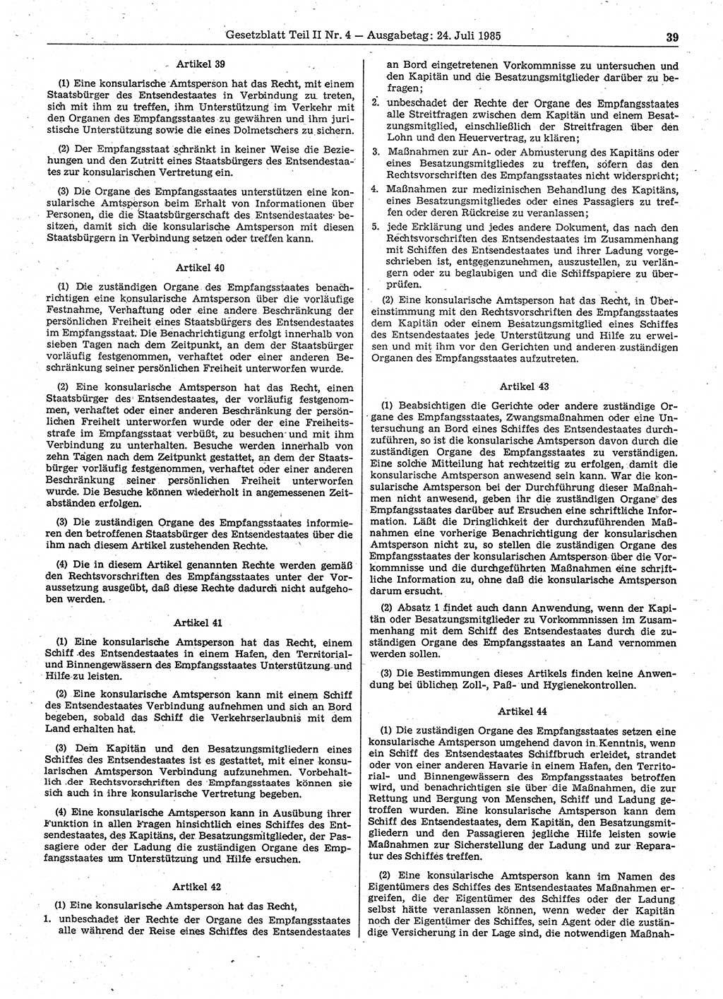 Gesetzblatt (GBl.) der Deutschen Demokratischen Republik (DDR) Teil ⅠⅠ 1985, Seite 39 (GBl. DDR ⅠⅠ 1985, S. 39)