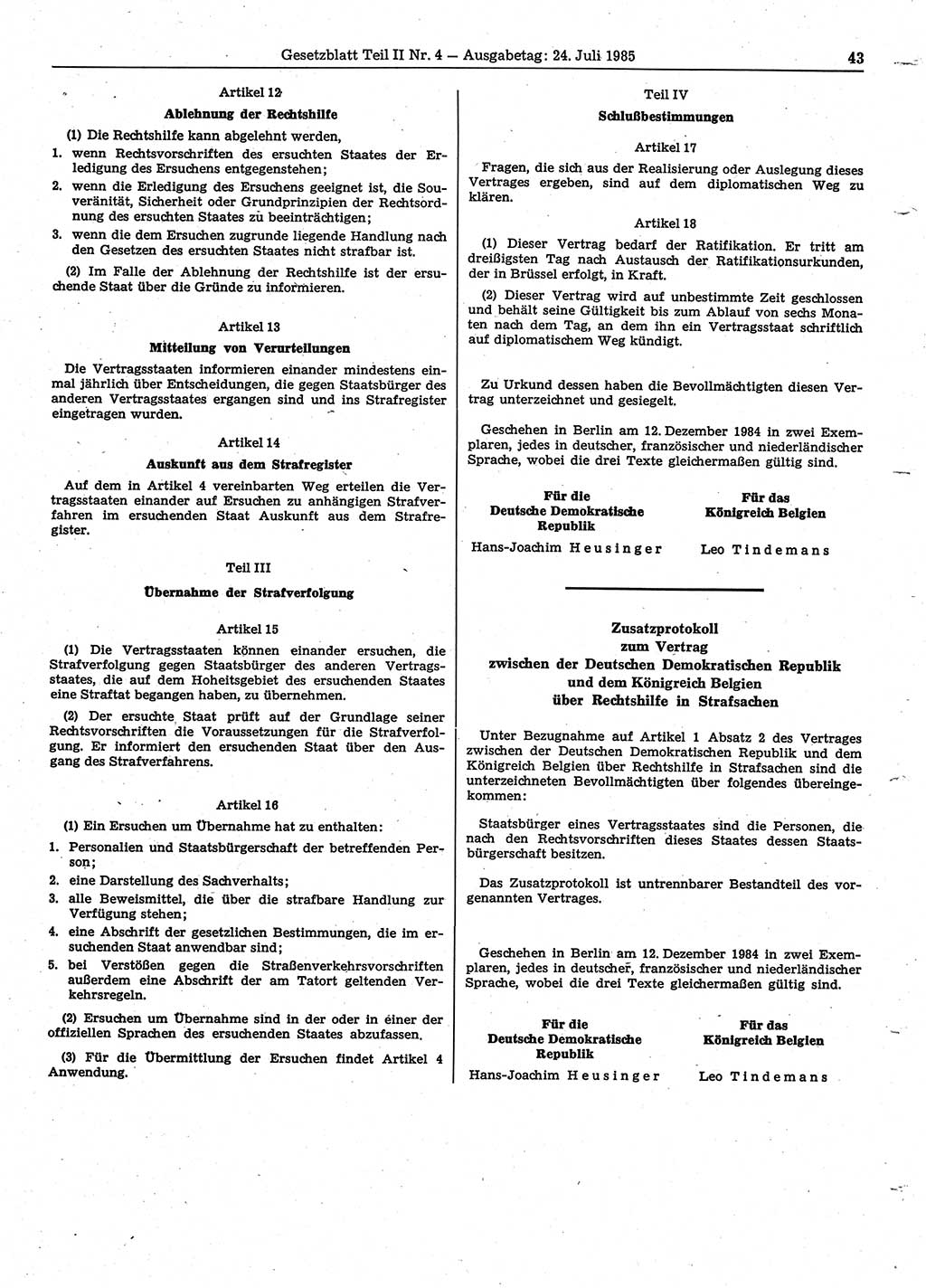 Gesetzblatt (GBl.) der Deutschen Demokratischen Republik (DDR) Teil ⅠⅠ 1985, Seite 43 (GBl. DDR ⅠⅠ 1985, S. 43)