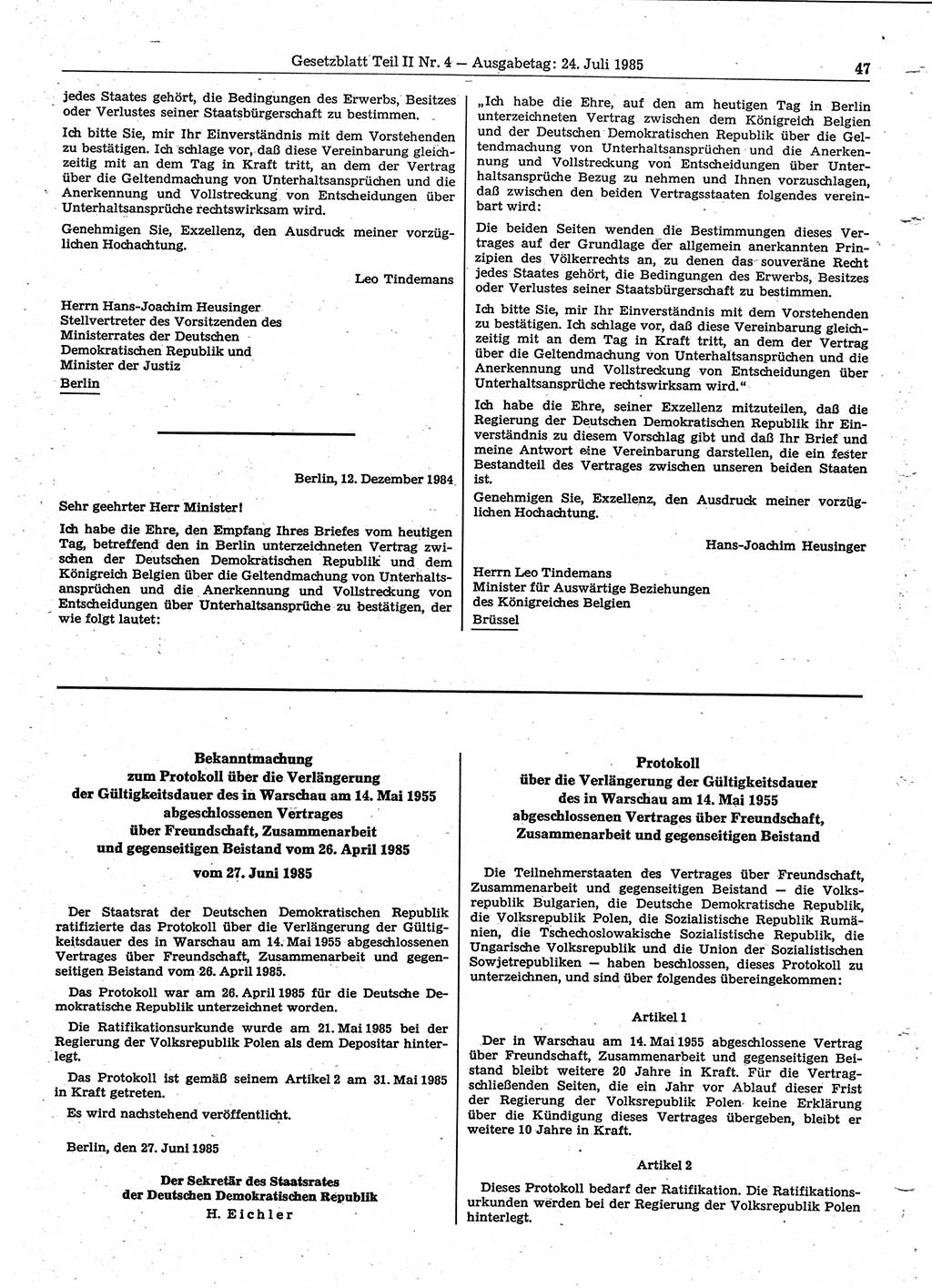 Gesetzblatt (GBl.) der Deutschen Demokratischen Republik (DDR) Teil ⅠⅠ 1985, Seite 47 (GBl. DDR ⅠⅠ 1985, S. 47)