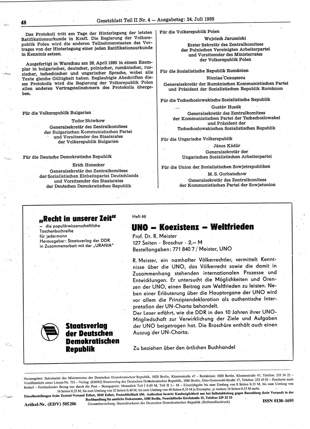 Gesetzblatt (GBl.) der Deutschen Demokratischen Republik (DDR) Teil ⅠⅠ 1985, Seite 48 (GBl. DDR ⅠⅠ 1985, S. 48)