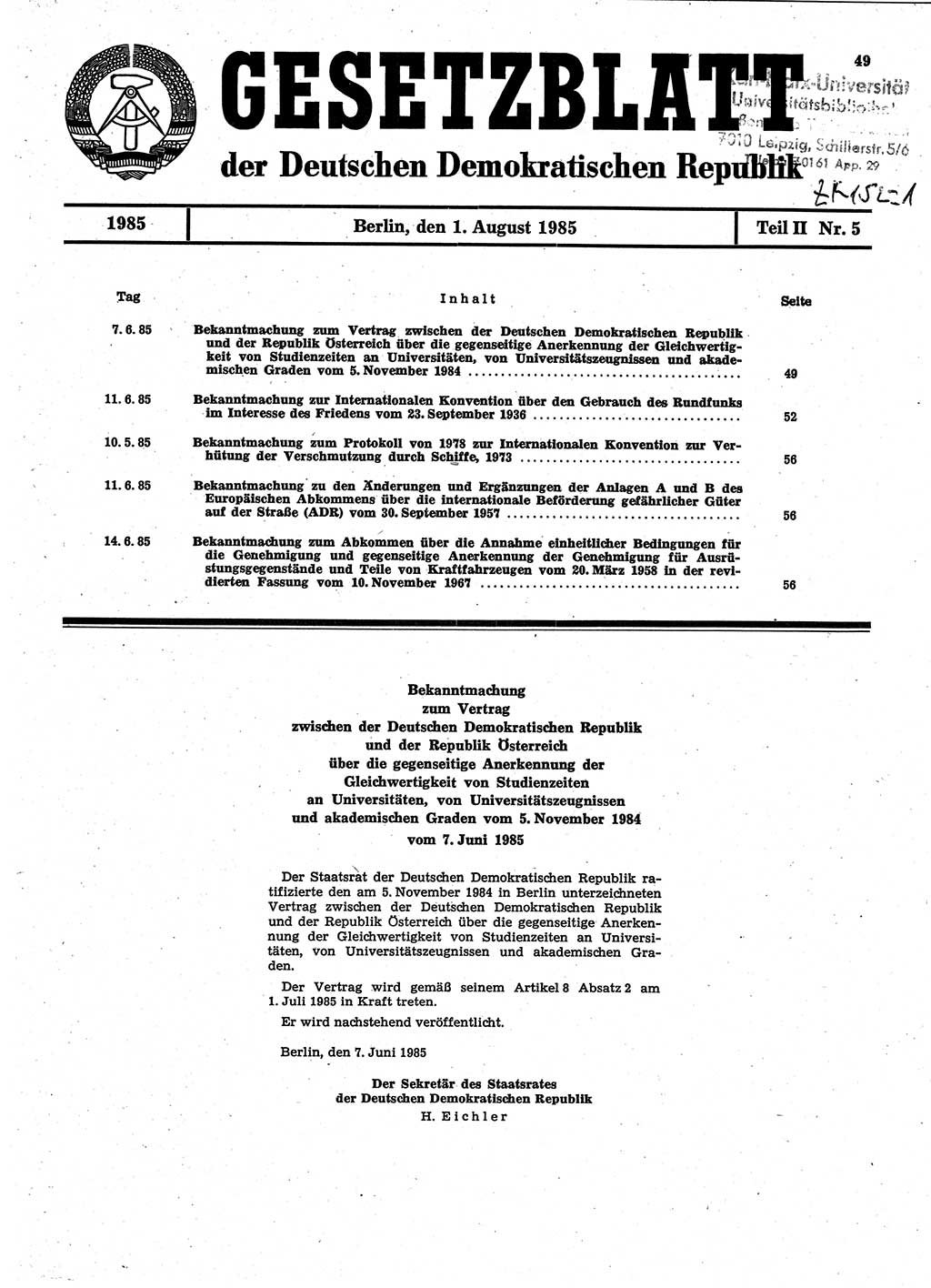 Gesetzblatt (GBl.) der Deutschen Demokratischen Republik (DDR) Teil ⅠⅠ 1985, Seite 49 (GBl. DDR ⅠⅠ 1985, S. 49)