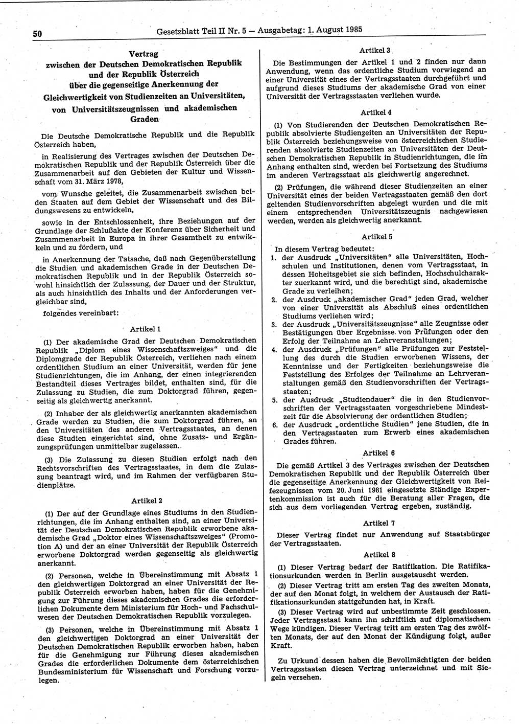 Gesetzblatt (GBl.) der Deutschen Demokratischen Republik (DDR) Teil ⅠⅠ 1985, Seite 50 (GBl. DDR ⅠⅠ 1985, S. 50)