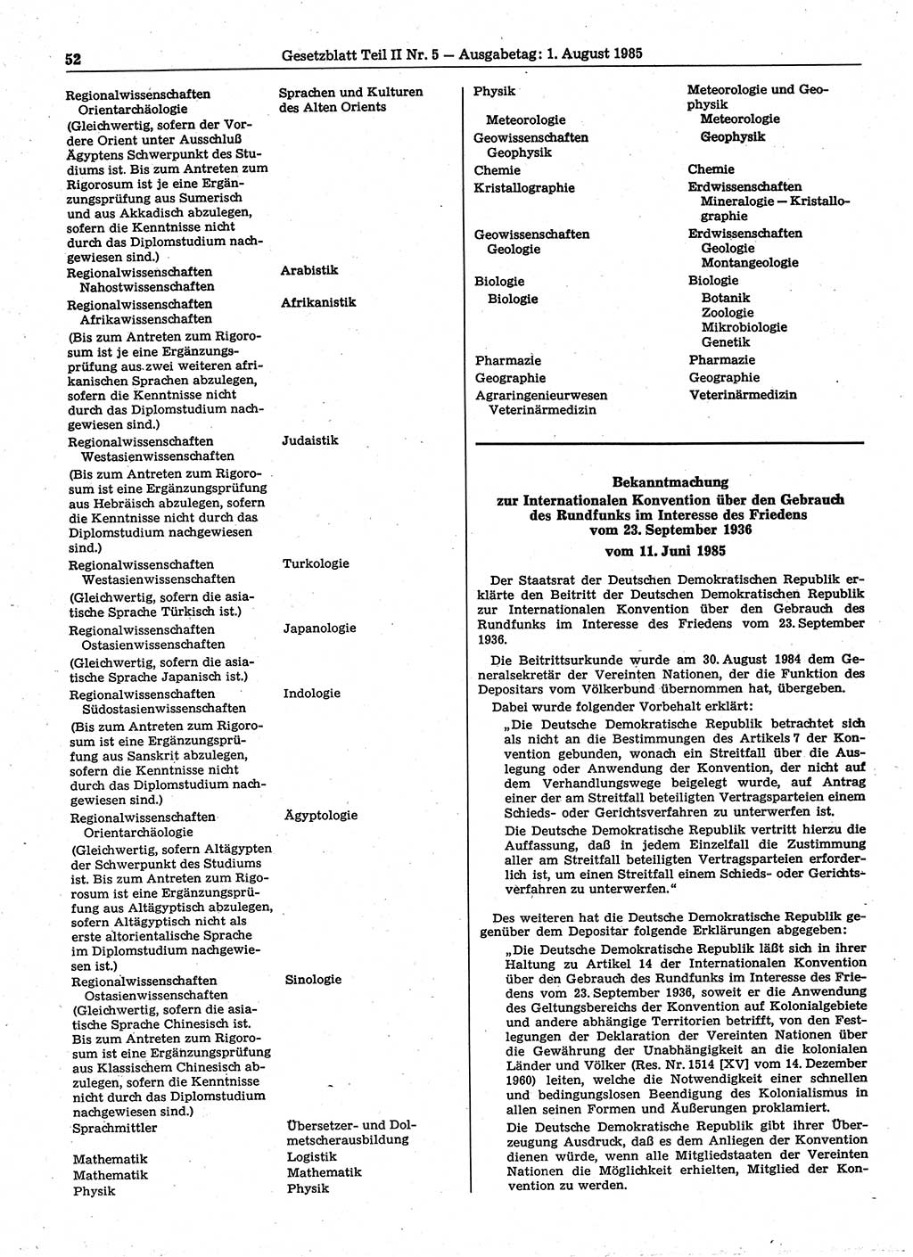 Gesetzblatt (GBl.) der Deutschen Demokratischen Republik (DDR) Teil ⅠⅠ 1985, Seite 52 (GBl. DDR ⅠⅠ 1985, S. 52)