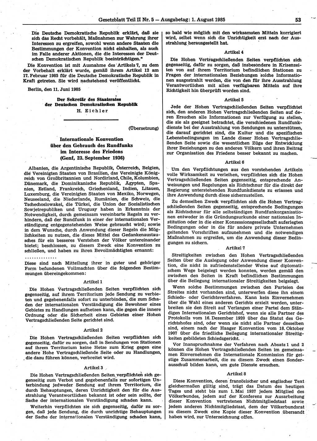 Gesetzblatt (GBl.) der Deutschen Demokratischen Republik (DDR) Teil ⅠⅠ 1985, Seite 53 (GBl. DDR ⅠⅠ 1985, S. 53)