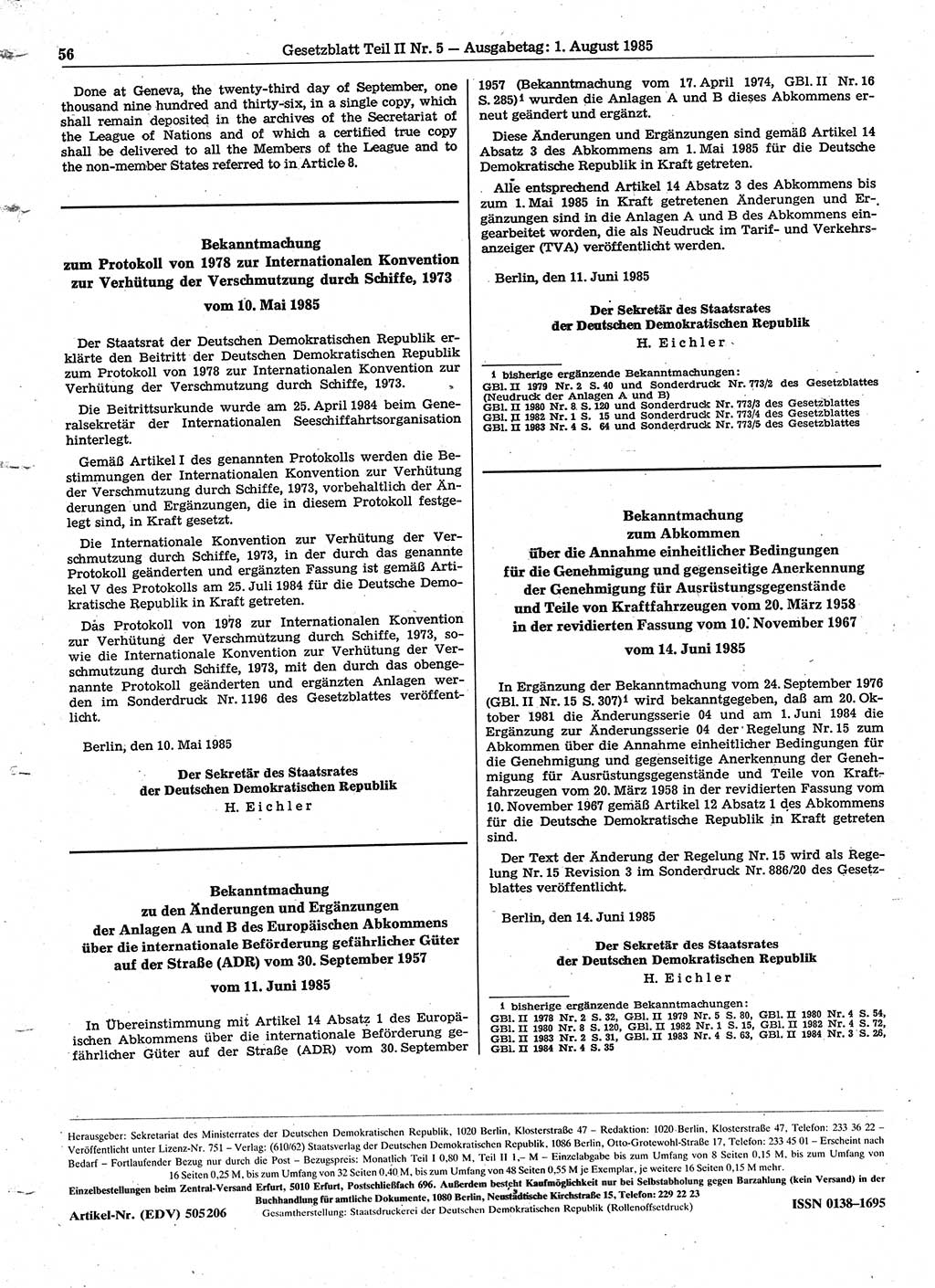 Gesetzblatt (GBl.) der Deutschen Demokratischen Republik (DDR) Teil ⅠⅠ 1985, Seite 56 (GBl. DDR ⅠⅠ 1985, S. 56)