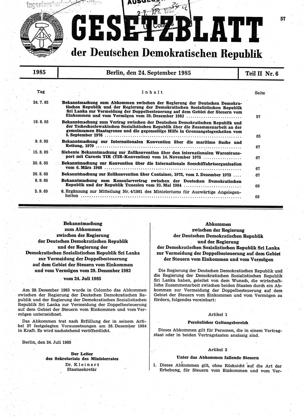 Gesetzblatt (GBl.) der Deutschen Demokratischen Republik (DDR) Teil ⅠⅠ 1985, Seite 57 (GBl. DDR ⅠⅠ 1985, S. 57)