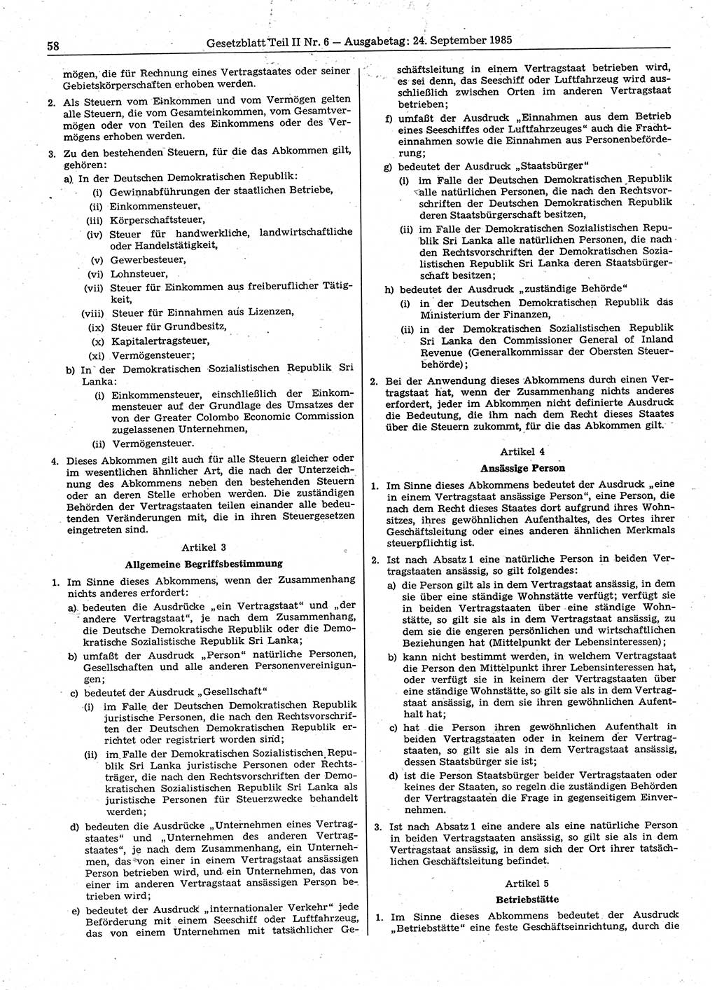 Gesetzblatt (GBl.) der Deutschen Demokratischen Republik (DDR) Teil ⅠⅠ 1985, Seite 58 (GBl. DDR ⅠⅠ 1985, S. 58)