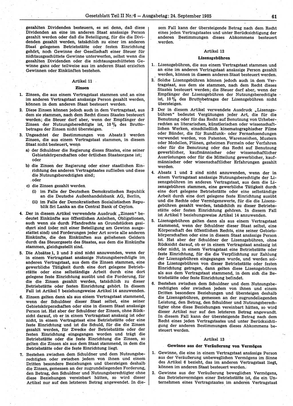 Gesetzblatt (GBl.) der Deutschen Demokratischen Republik (DDR) Teil ⅠⅠ 1985, Seite 61 (GBl. DDR ⅠⅠ 1985, S. 61)