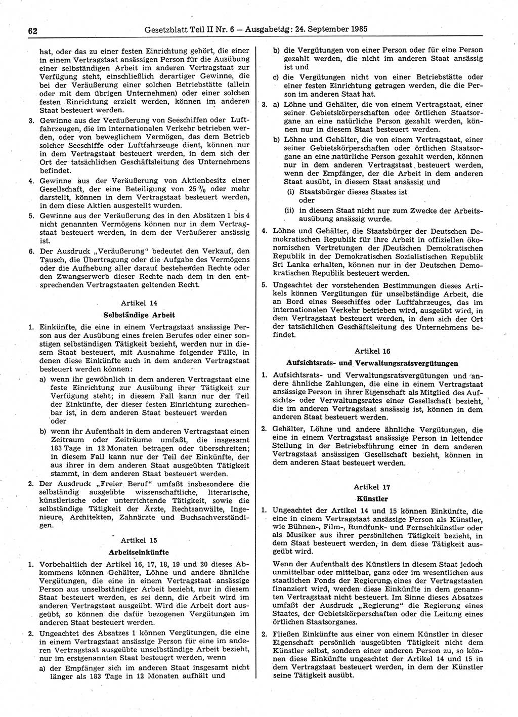 Gesetzblatt (GBl.) der Deutschen Demokratischen Republik (DDR) Teil ⅠⅠ 1985, Seite 62 (GBl. DDR ⅠⅠ 1985, S. 62)