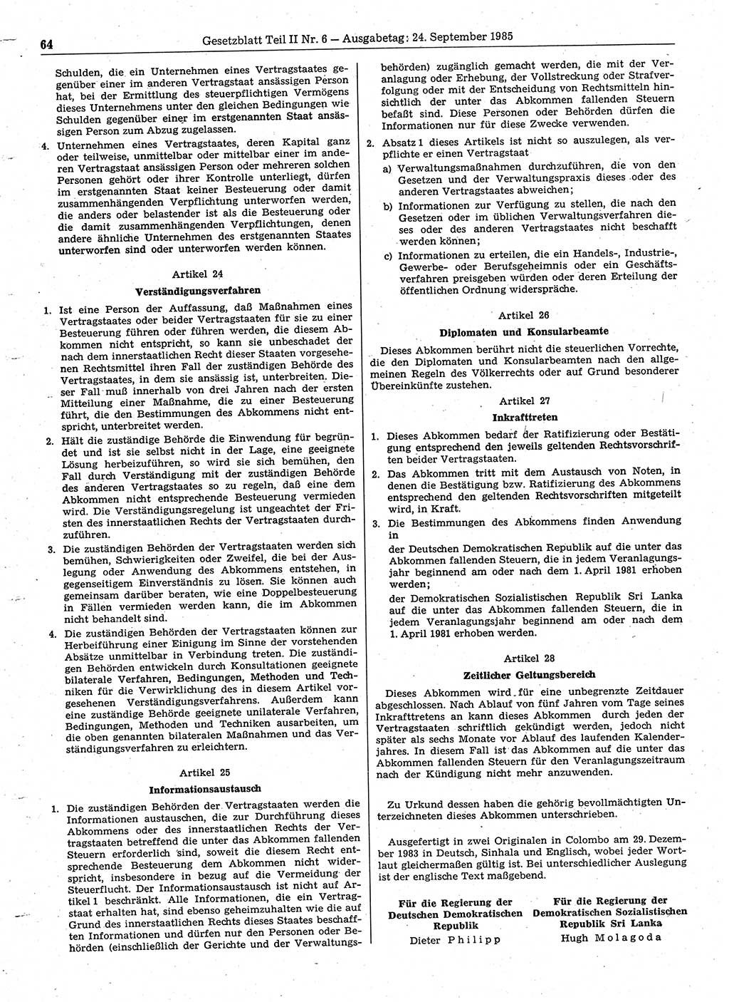 Gesetzblatt (GBl.) der Deutschen Demokratischen Republik (DDR) Teil ⅠⅠ 1985, Seite 64 (GBl. DDR ⅠⅠ 1985, S. 64)