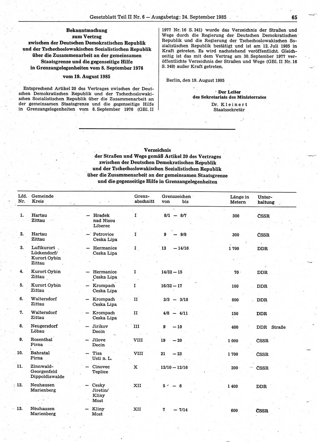 Gesetzblatt (GBl.) der Deutschen Demokratischen Republik (DDR) Teil ⅠⅠ 1985, Seite 65 (GBl. DDR ⅠⅠ 1985, S. 65)