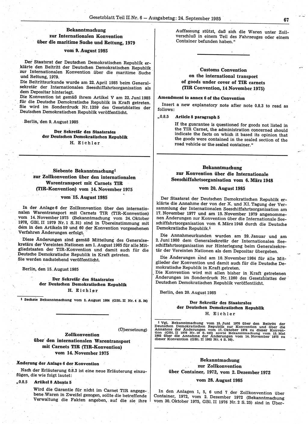 Gesetzblatt (GBl.) der Deutschen Demokratischen Republik (DDR) Teil ⅠⅠ 1985, Seite 67 (GBl. DDR ⅠⅠ 1985, S. 67)