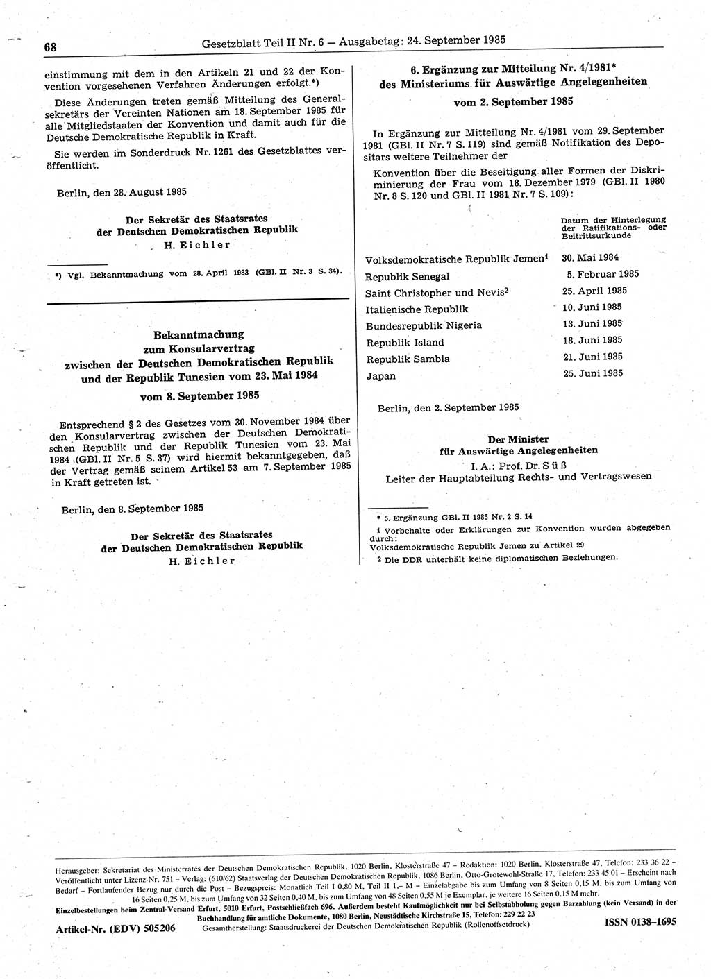 Gesetzblatt (GBl.) der Deutschen Demokratischen Republik (DDR) Teil ⅠⅠ 1985, Seite 68 (GBl. DDR ⅠⅠ 1985, S. 68)