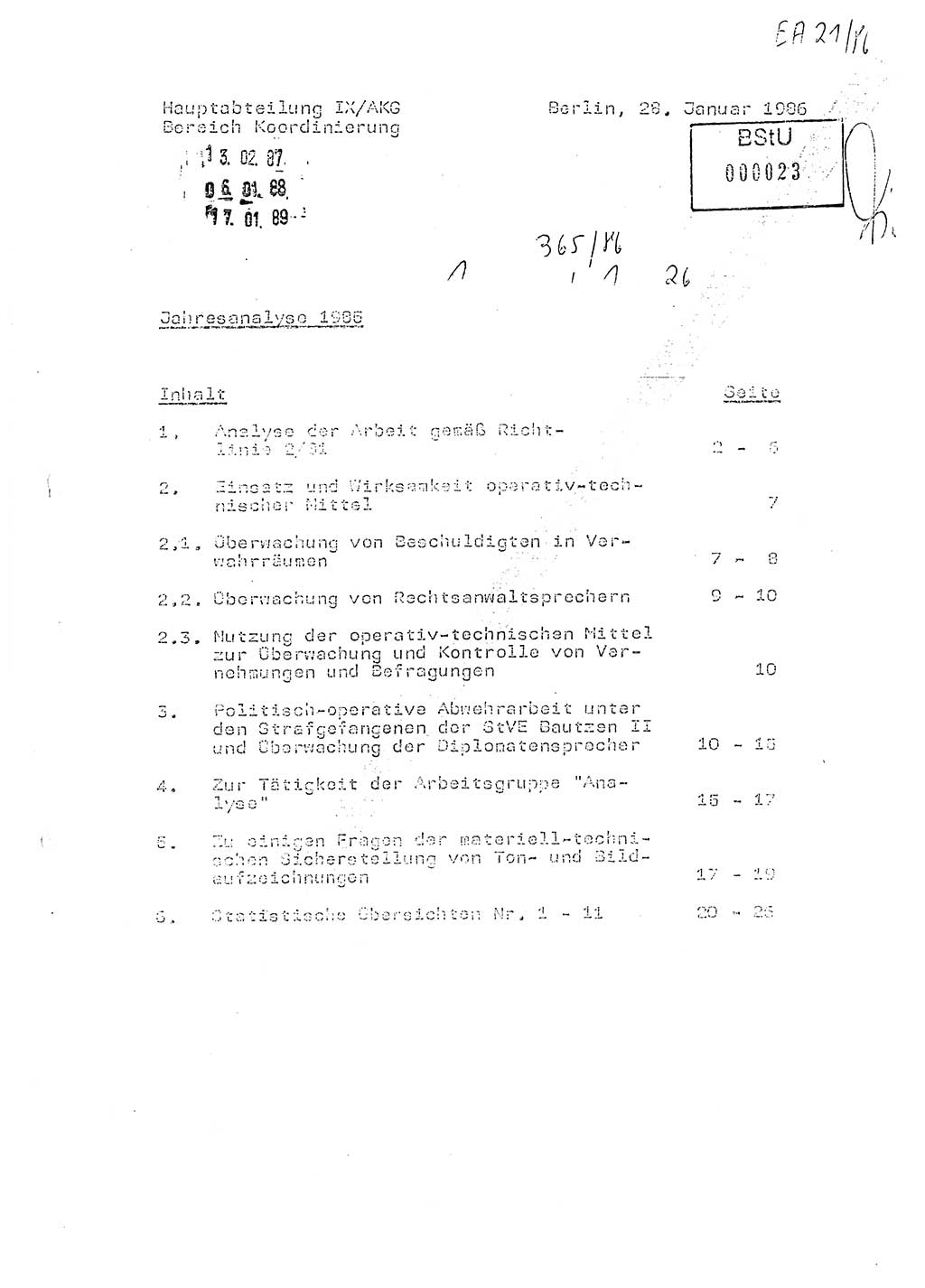 Ministerium für Staatssicherheit (MfS) [Deutsche Demokratische Republik (DDR)], Hauptabteilung (HA) Ⅸ/ Auswertungs- und Kontrollgruppe (AKG), Bereich Koordinierung, Jahresanalyse, Vertrauliche Verschlußsache (VVS) o014-365/86, Berlin 1985, Seite 1 (J.-Anal. MfS DDR HA Ⅸ/AKG VVS o014-365/86 1985, S. 1)