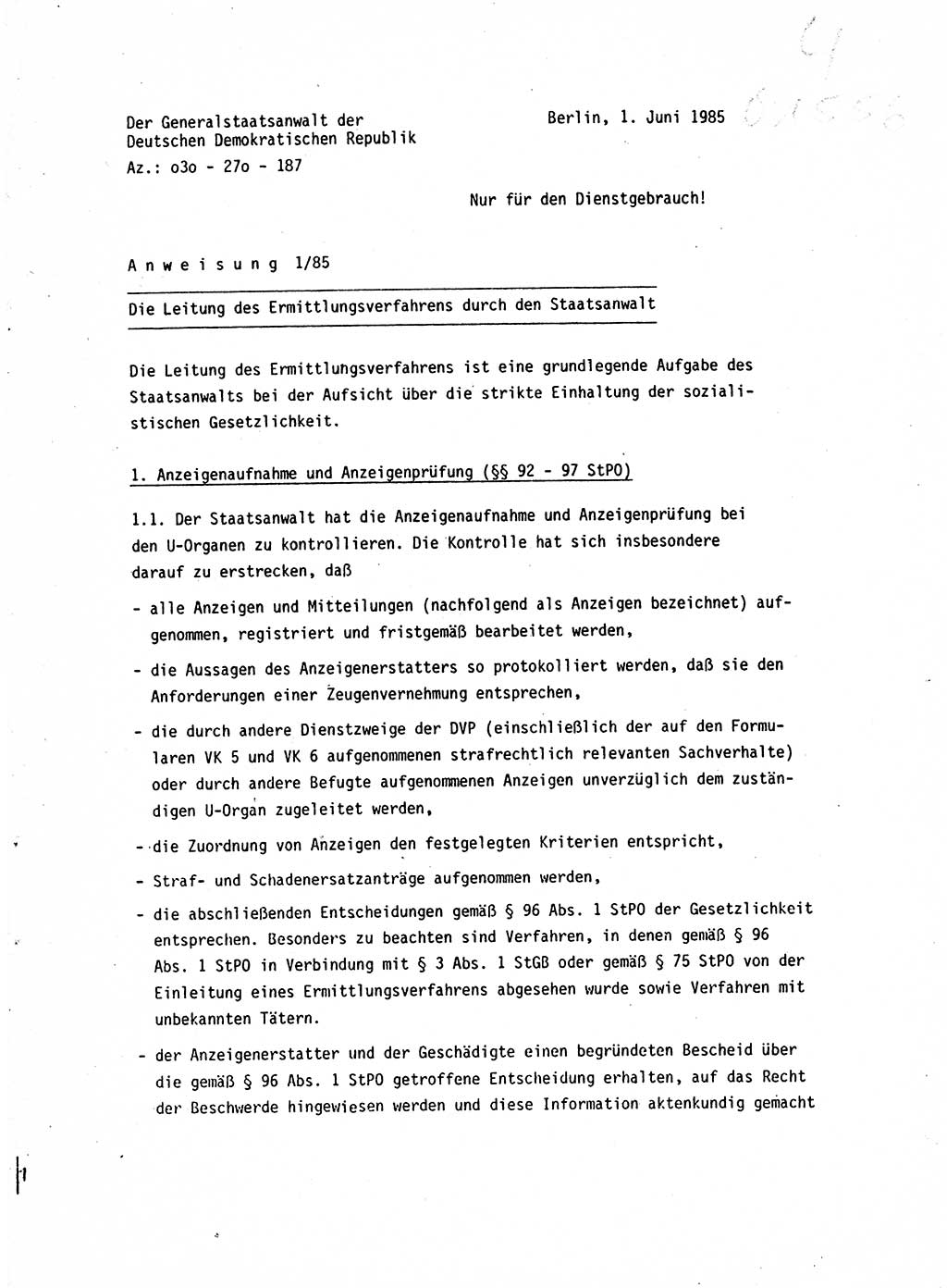 Leitung des Ermittlungsverfahren (EV) durch den Staatsanwalt [Deutsche Demokratische Republik (DDR)] 1985, Seite 1 (Ltg. EV StA DDR 1985, S. 1)