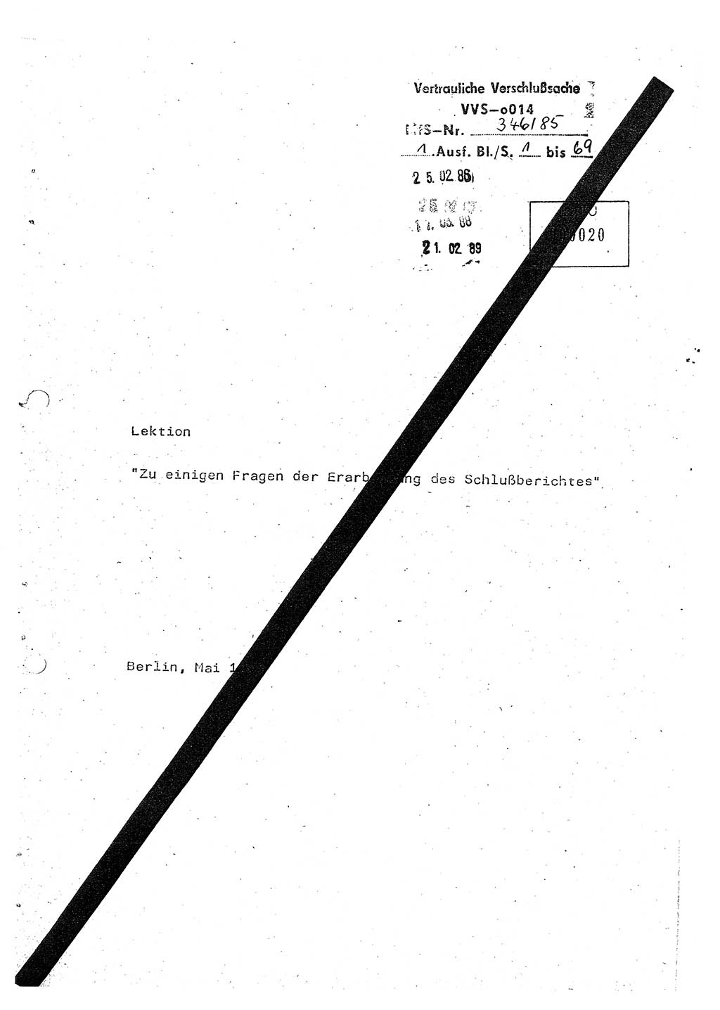 Lektion Ministerium für Staatssicherheit (MfS) [Deutsche Demokratische Republik (DDR)], Hauptabteilung (HA) Ⅸ, Vertrauliche Verschlußsache (VVS) o014-346/85, Berlin 1985, Seite 1 (Lekt. MfS DDR HA Ⅸ VVS o014-346/85 1985, S. 1)