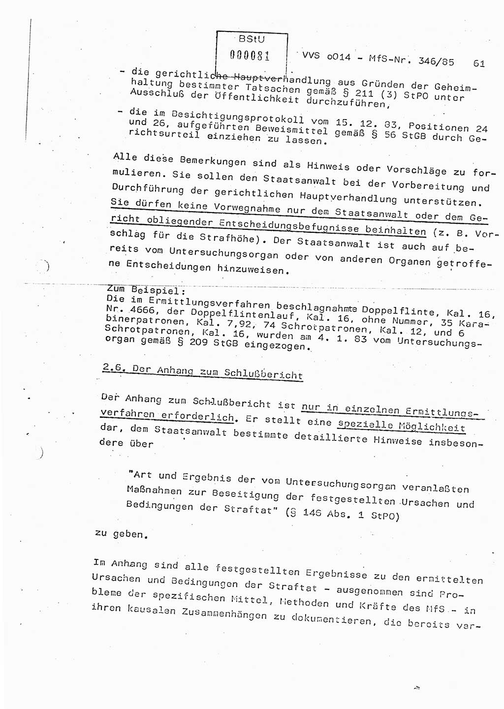 Lektion Ministerium für Staatssicherheit (MfS) [Deutsche Demokratische Republik (DDR)], Hauptabteilung (HA) Ⅸ, Vertrauliche Verschlußsache (VVS) o014-346/85, Berlin 1985, Seite 61 (Lekt. MfS DDR HA Ⅸ VVS o014-346/85 1985, S. 61)