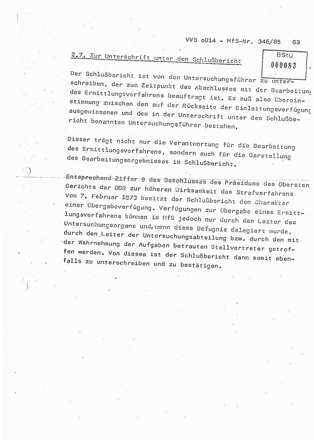 Lektion Ministerium für Staatssicherheit (MfS) [Deutsche Demokratische Republik (DDR)], Hauptabteilung (HA) Ⅸ, Vertrauliche Verschlußsache (VVS) o014-346/85, Berlin 1985, Seite 63 (Lekt. MfS DDR HA Ⅸ VVS o014-346/85 1985, S. 63)