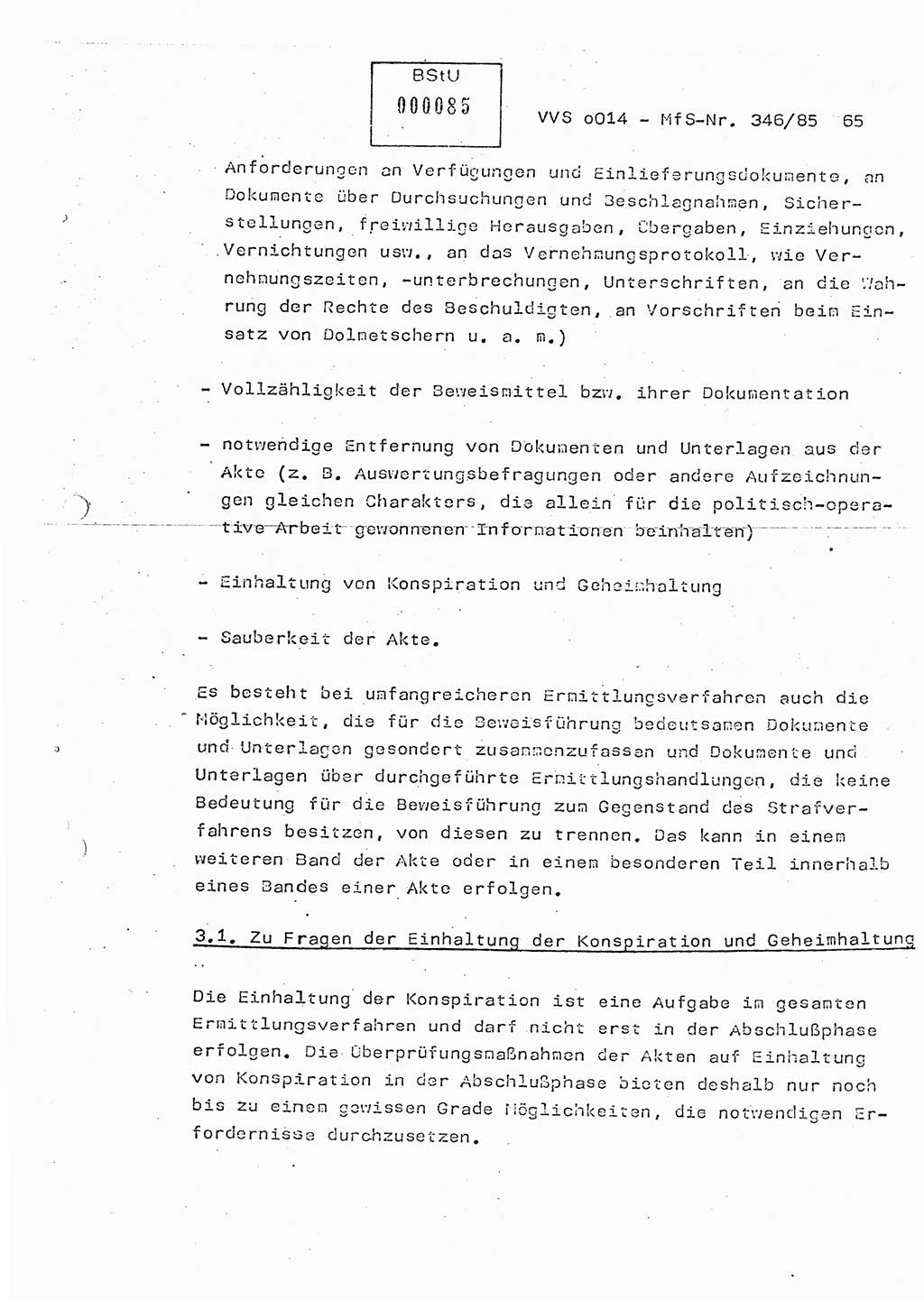 Lektion Ministerium für Staatssicherheit (MfS) [Deutsche Demokratische Republik (DDR)], Hauptabteilung (HA) Ⅸ, Vertrauliche Verschlußsache (VVS) o014-346/85, Berlin 1985, Seite 65 (Lekt. MfS DDR HA Ⅸ VVS o014-346/85 1985, S. 65)