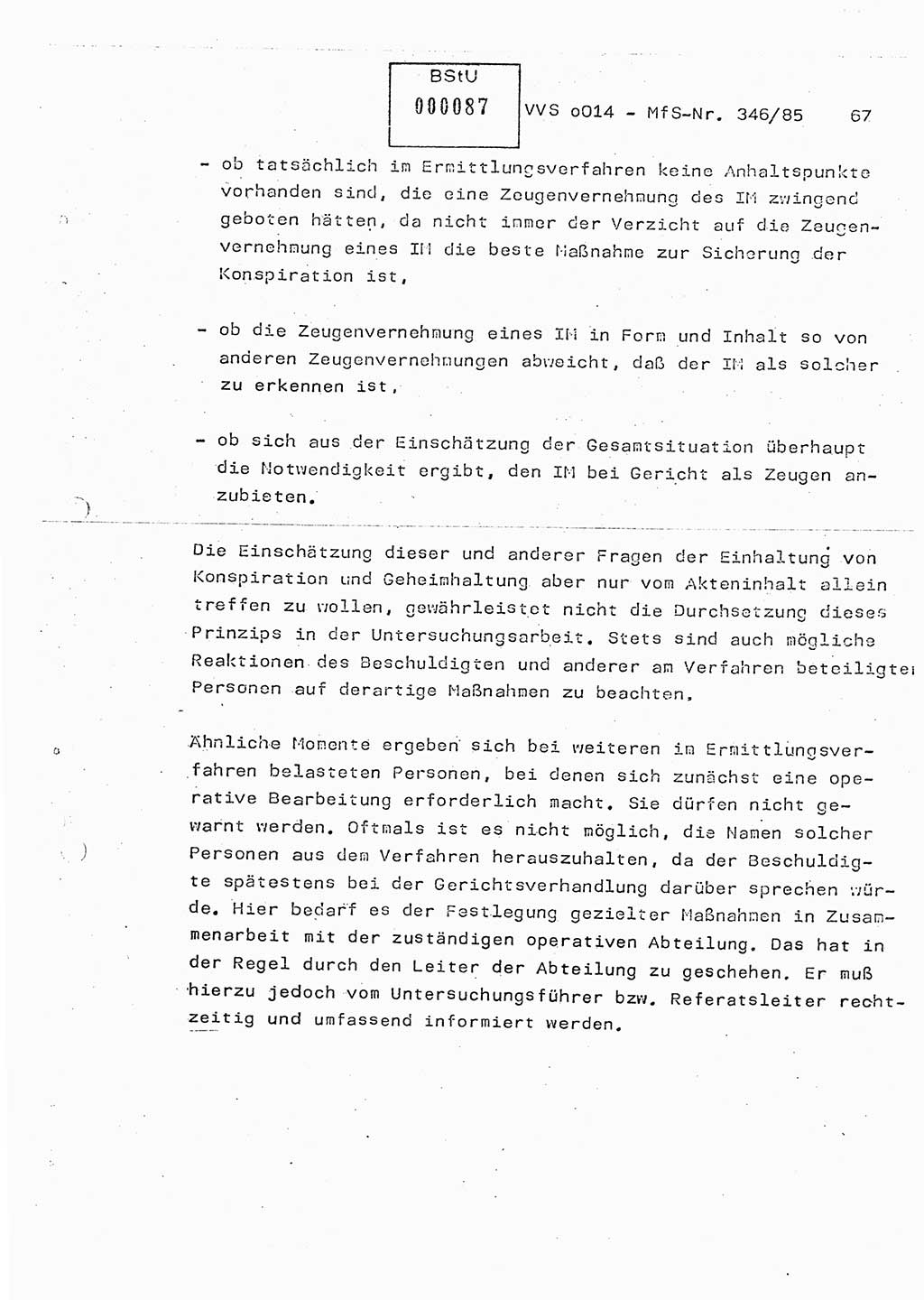 Lektion Ministerium für Staatssicherheit (MfS) [Deutsche Demokratische Republik (DDR)], Hauptabteilung (HA) Ⅸ, Vertrauliche Verschlußsache (VVS) o014-346/85, Berlin 1985, Seite 67 (Lekt. MfS DDR HA Ⅸ VVS o014-346/85 1985, S. 67)