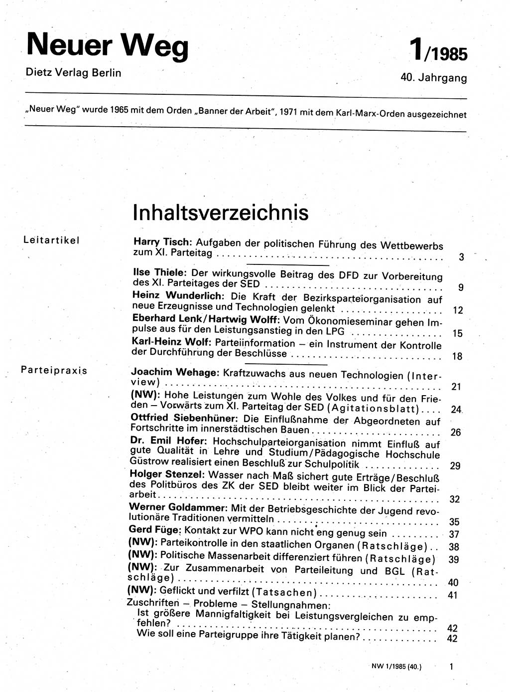Neuer Weg (NW), Organ des Zentralkomitees (ZK) der SED (Sozialistische Einheitspartei Deutschlands) für Fragen des Parteilebens, 40. Jahrgang [Deutsche Demokratische Republik (DDR)] 1985, Seite 1 (NW ZK SED DDR 1985, S. 1)