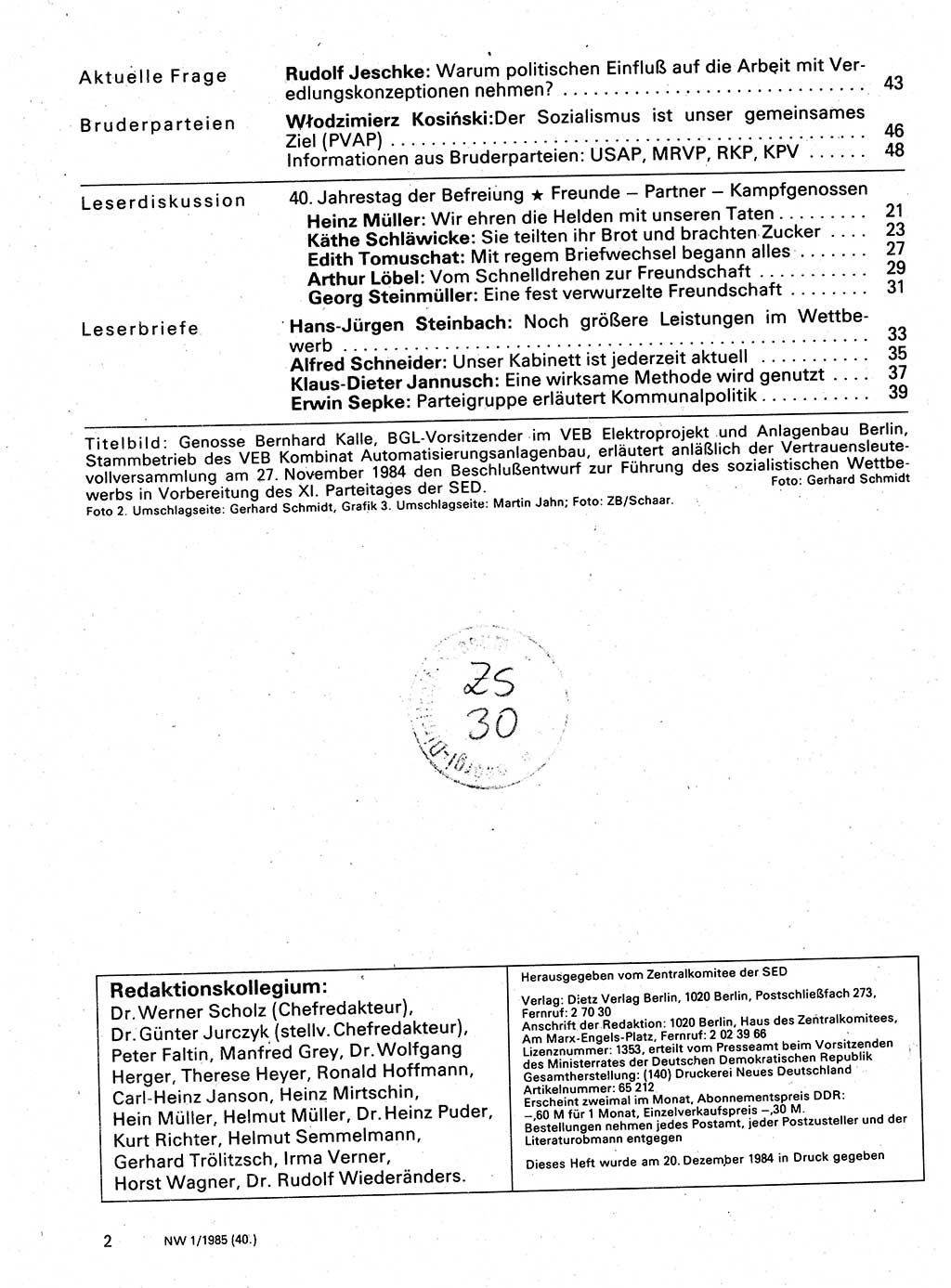 Neuer Weg (NW), Organ des Zentralkomitees (ZK) der SED (Sozialistische Einheitspartei Deutschlands) für Fragen des Parteilebens, 40. Jahrgang [Deutsche Demokratische Republik (DDR)] 1985, Seite 2 (NW ZK SED DDR 1985, S. 2)
