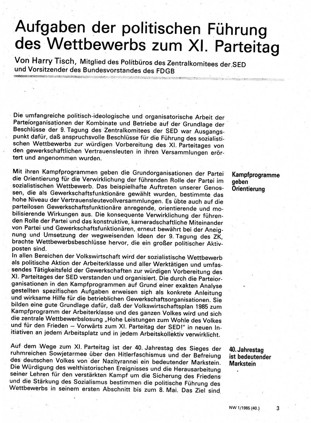 Neuer Weg (NW), Organ des Zentralkomitees (ZK) der SED (Sozialistische Einheitspartei Deutschlands) für Fragen des Parteilebens, 40. Jahrgang [Deutsche Demokratische Republik (DDR)] 1985, Seite 3 (NW ZK SED DDR 1985, S. 3)