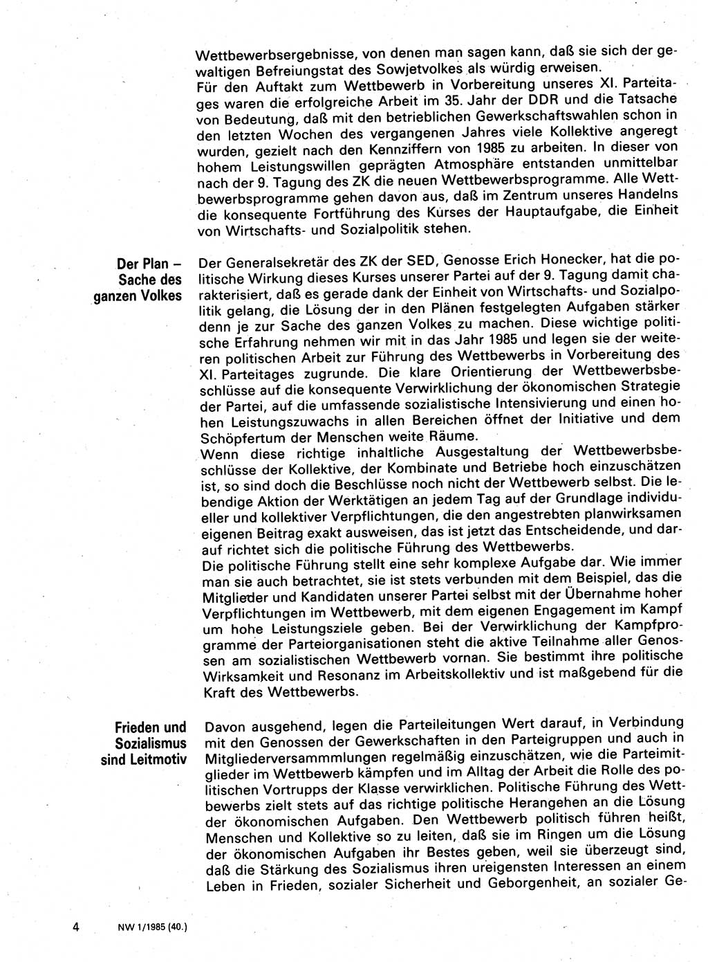 Neuer Weg (NW), Organ des Zentralkomitees (ZK) der SED (Sozialistische Einheitspartei Deutschlands) für Fragen des Parteilebens, 40. Jahrgang [Deutsche Demokratische Republik (DDR)] 1985, Seite 4 (NW ZK SED DDR 1985, S. 4)