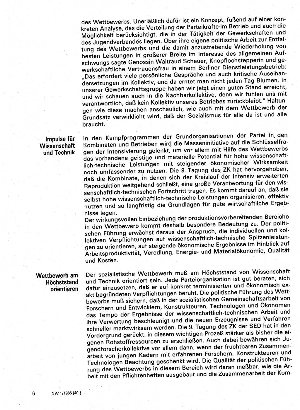 Neuer Weg (NW), Organ des Zentralkomitees (ZK) der SED (Sozialistische Einheitspartei Deutschlands) für Fragen des Parteilebens, 40. Jahrgang [Deutsche Demokratische Republik (DDR)] 1985, Seite 6 (NW ZK SED DDR 1985, S. 6)