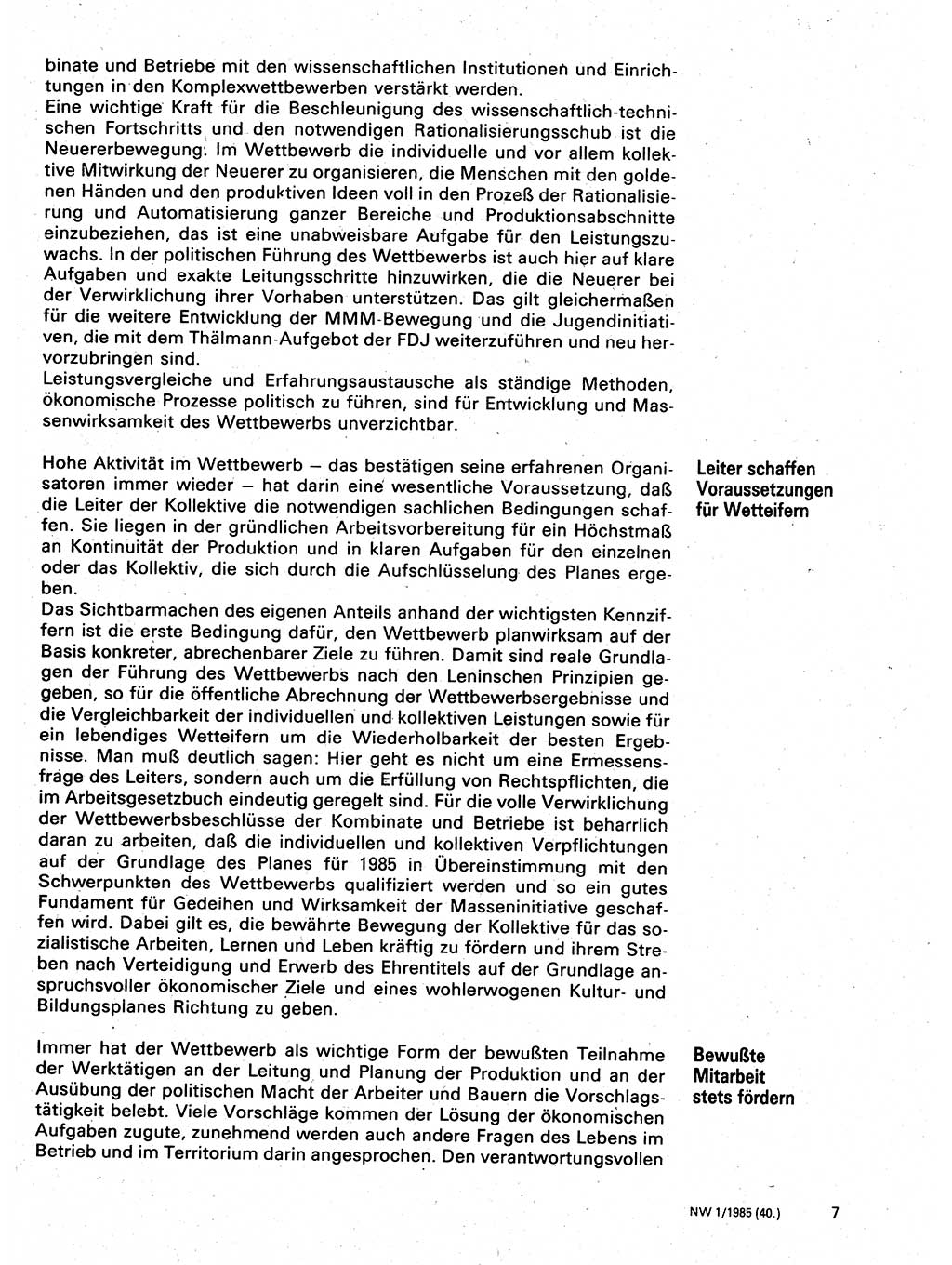 Neuer Weg (NW), Organ des Zentralkomitees (ZK) der SED (Sozialistische Einheitspartei Deutschlands) für Fragen des Parteilebens, 40. Jahrgang [Deutsche Demokratische Republik (DDR)] 1985, Seite 7 (NW ZK SED DDR 1985, S. 7)