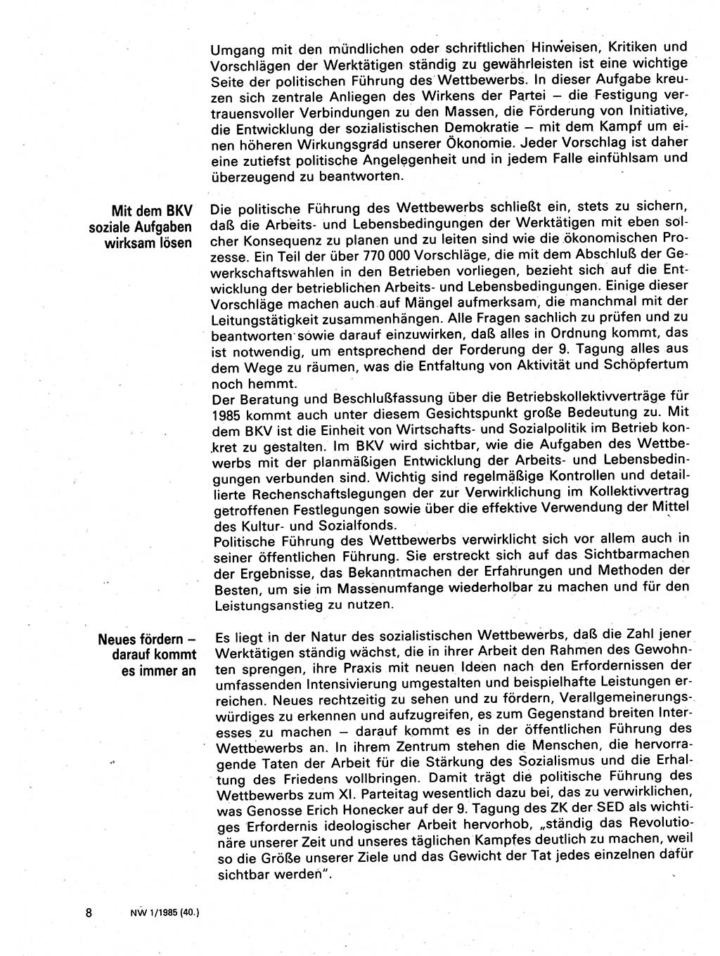 Neuer Weg (NW), Organ des Zentralkomitees (ZK) der SED (Sozialistische Einheitspartei Deutschlands) für Fragen des Parteilebens, 40. Jahrgang [Deutsche Demokratische Republik (DDR)] 1985, Seite 8 (NW ZK SED DDR 1985, S. 8)