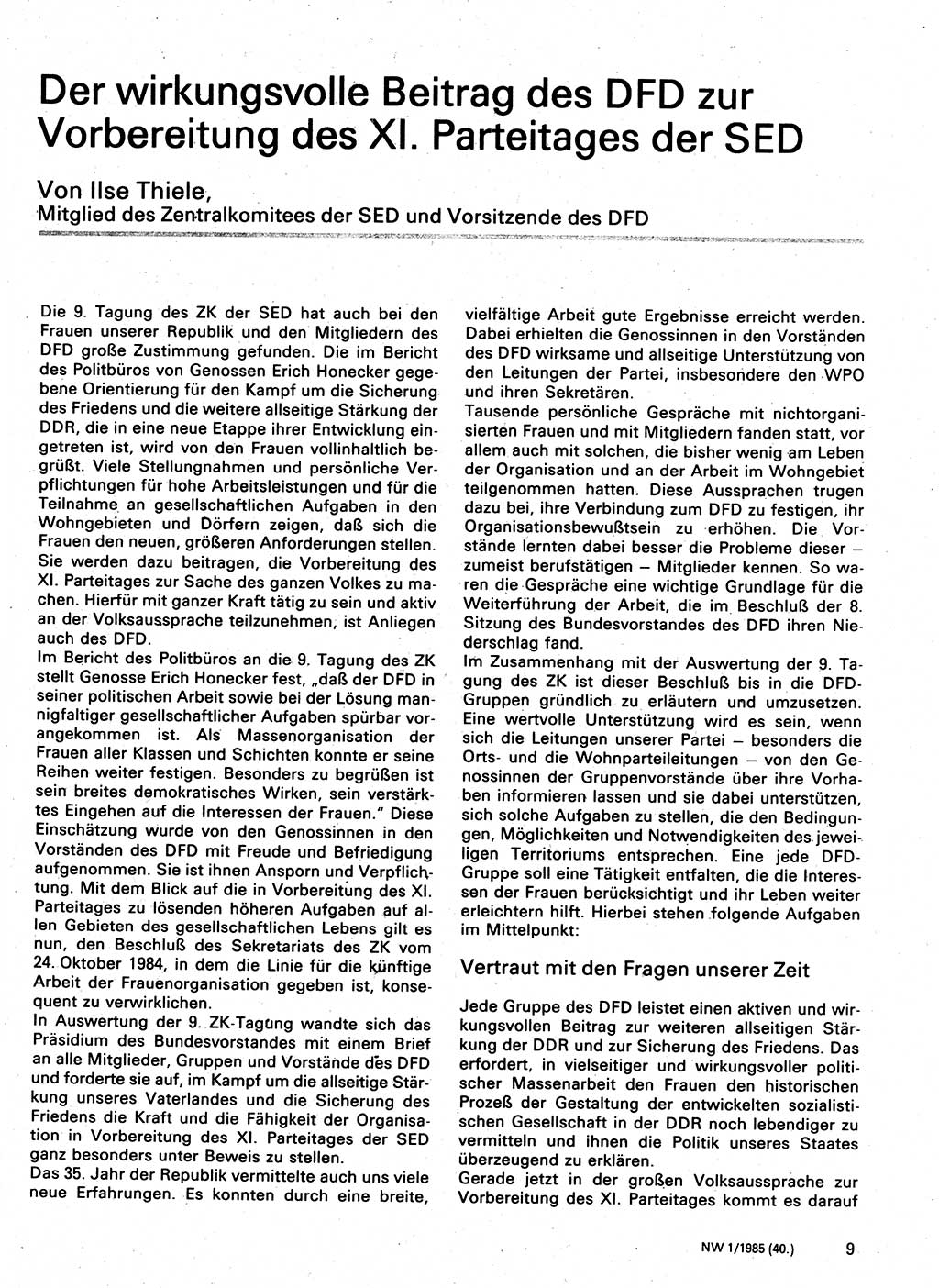 Neuer Weg (NW), Organ des Zentralkomitees (ZK) der SED (Sozialistische Einheitspartei Deutschlands) für Fragen des Parteilebens, 40. Jahrgang [Deutsche Demokratische Republik (DDR)] 1985, Seite 9 (NW ZK SED DDR 1985, S. 9)