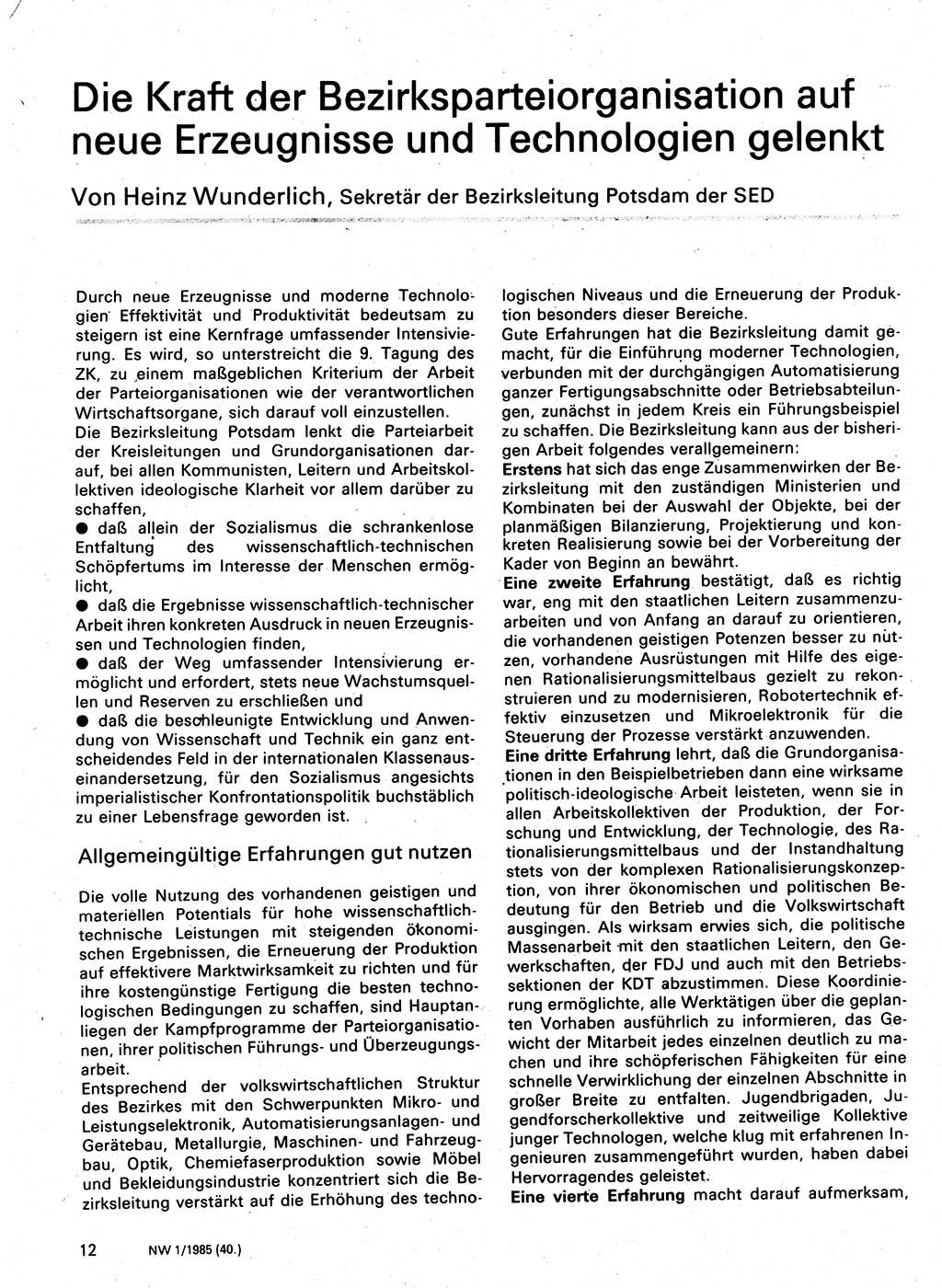 Neuer Weg (NW), Organ des Zentralkomitees (ZK) der SED (Sozialistische Einheitspartei Deutschlands) für Fragen des Parteilebens, 40. Jahrgang [Deutsche Demokratische Republik (DDR)] 1985, Seite 12 (NW ZK SED DDR 1985, S. 12)