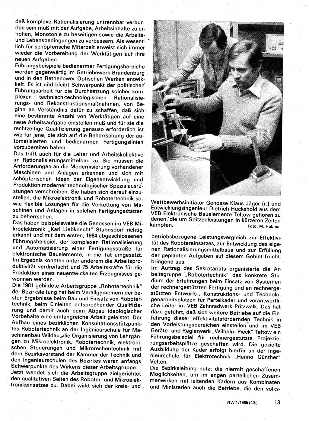 Neuer Weg (NW), Organ des Zentralkomitees (ZK) der SED (Sozialistische Einheitspartei Deutschlands) für Fragen des Parteilebens, 40. Jahrgang [Deutsche Demokratische Republik (DDR)] 1985, Seite 13 (NW ZK SED DDR 1985, S. 13)
