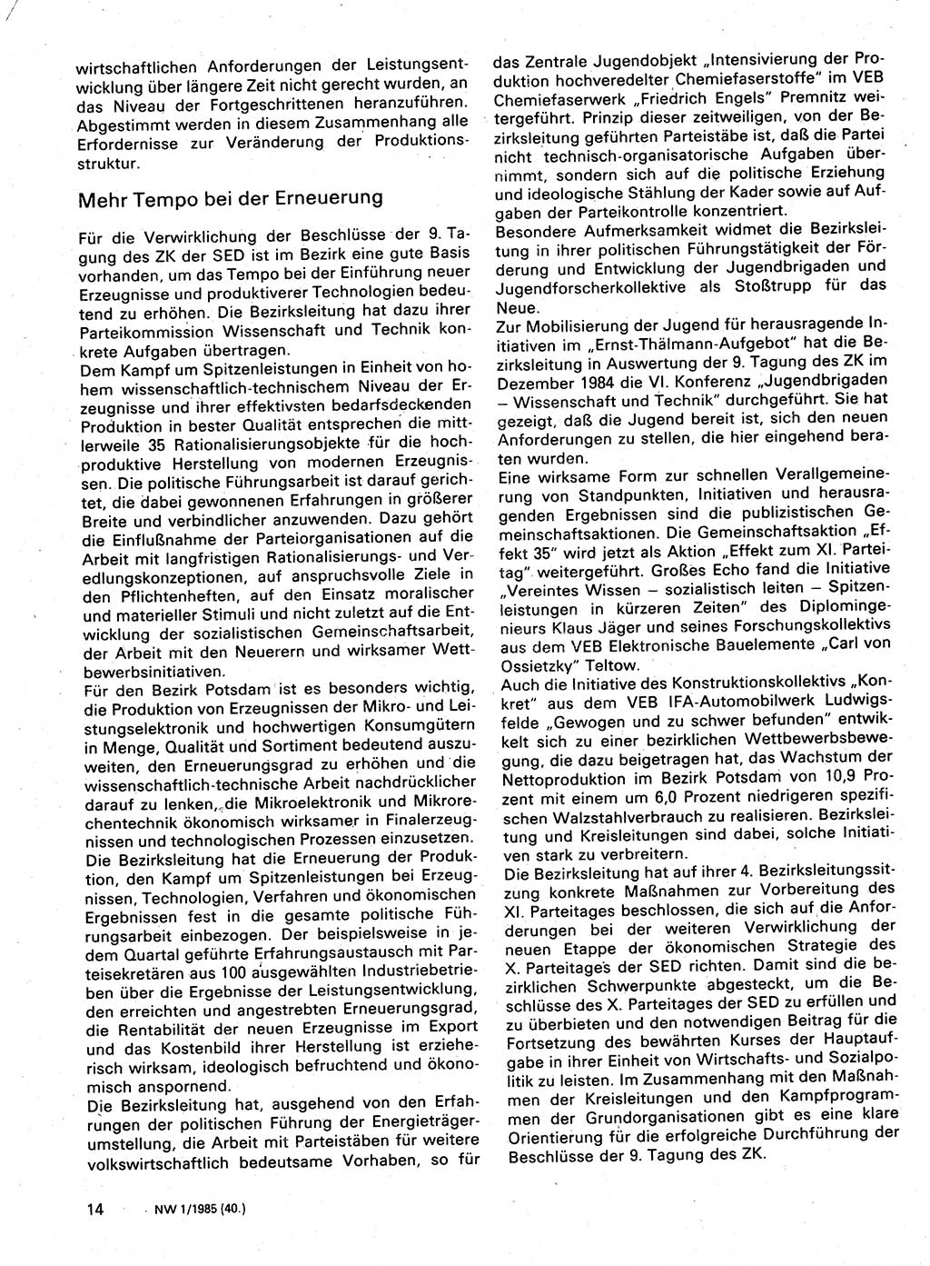Neuer Weg (NW), Organ des Zentralkomitees (ZK) der SED (Sozialistische Einheitspartei Deutschlands) für Fragen des Parteilebens, 40. Jahrgang [Deutsche Demokratische Republik (DDR)] 1985, Seite 14 (NW ZK SED DDR 1985, S. 14)
