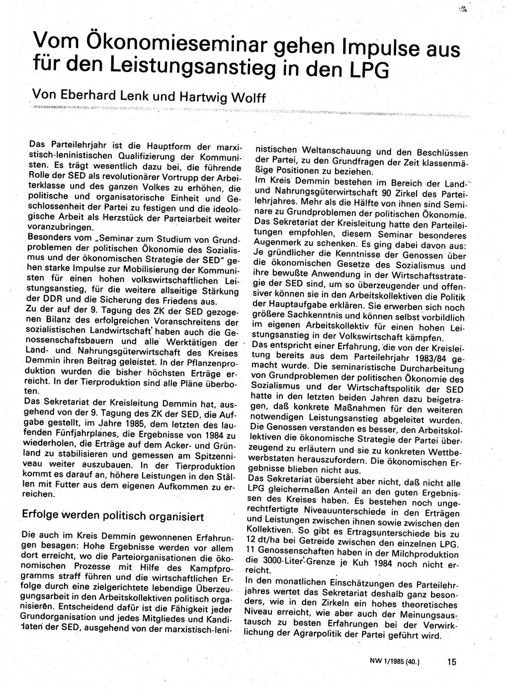 Neuer Weg (NW), Organ des Zentralkomitees (ZK) der SED (Sozialistische Einheitspartei Deutschlands) für Fragen des Parteilebens, 40. Jahrgang [Deutsche Demokratische Republik (DDR)] 1985, Seite 15 (NW ZK SED DDR 1985, S. 15)