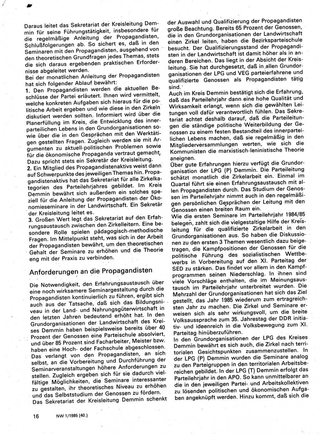 Neuer Weg (NW), Organ des Zentralkomitees (ZK) der SED (Sozialistische Einheitspartei Deutschlands) für Fragen des Parteilebens, 40. Jahrgang [Deutsche Demokratische Republik (DDR)] 1985, Seite 16 (NW ZK SED DDR 1985, S. 16)