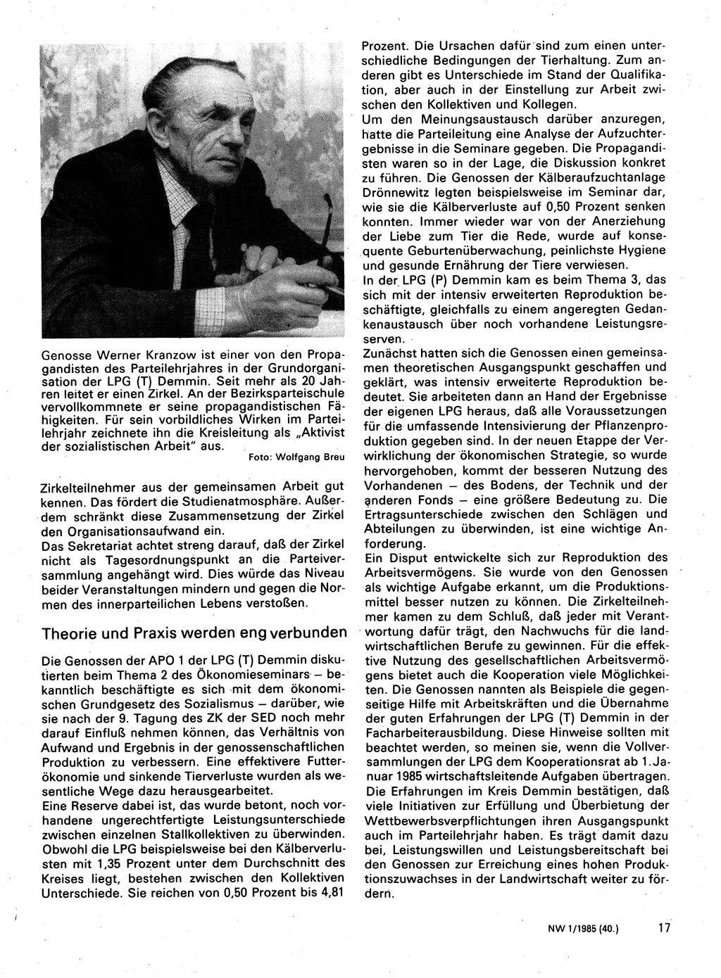 Neuer Weg (NW), Organ des Zentralkomitees (ZK) der SED (Sozialistische Einheitspartei Deutschlands) für Fragen des Parteilebens, 40. Jahrgang [Deutsche Demokratische Republik (DDR)] 1985, Seite 17 (NW ZK SED DDR 1985, S. 17)