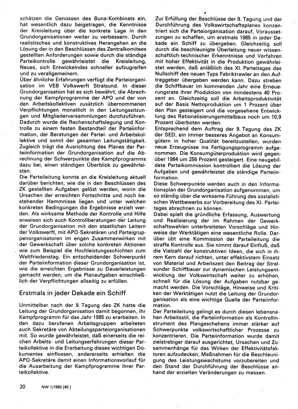 Neuer Weg (NW), Organ des Zentralkomitees (ZK) der SED (Sozialistische Einheitspartei Deutschlands) für Fragen des Parteilebens, 40. Jahrgang [Deutsche Demokratische Republik (DDR)] 1985, Seite 20 (NW ZK SED DDR 1985, S. 20)