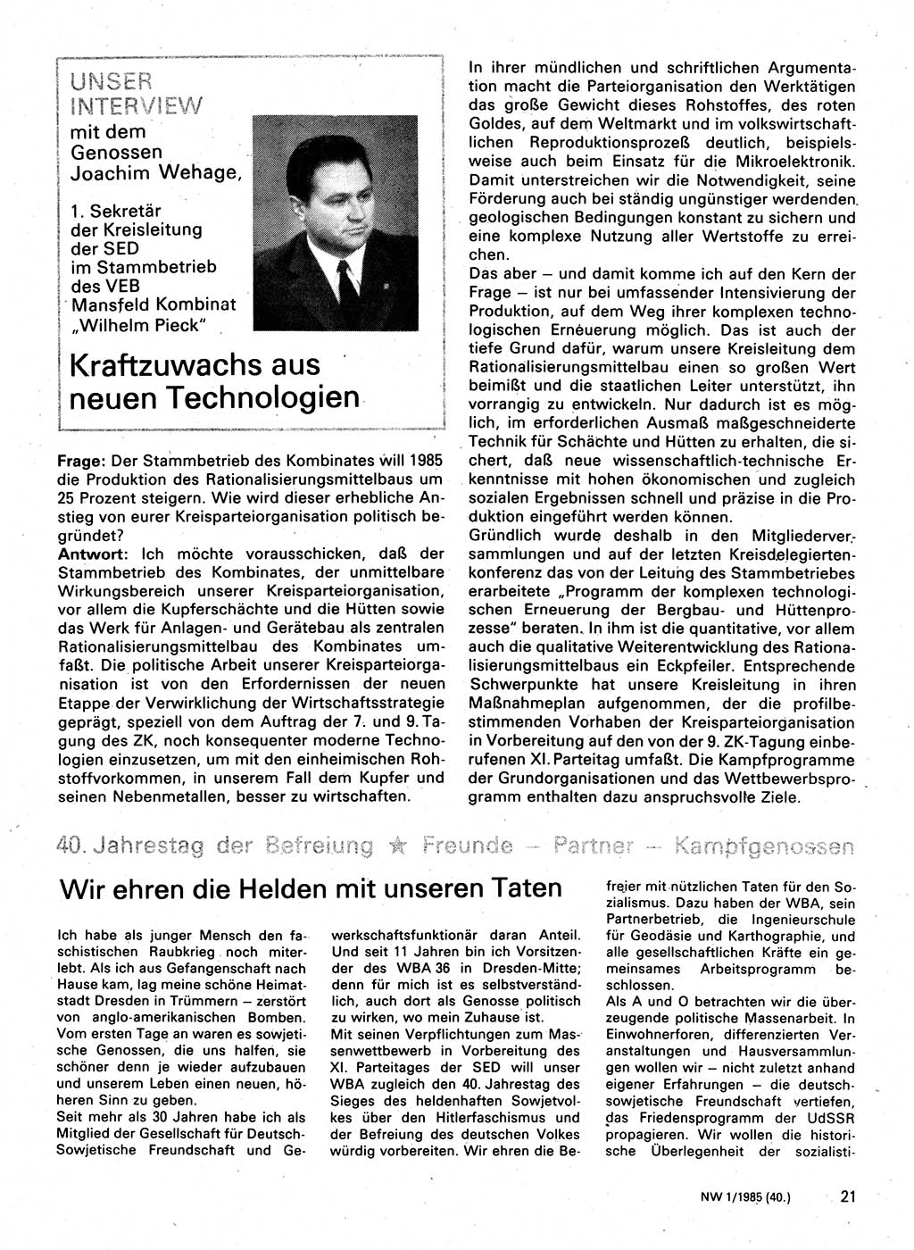 Neuer Weg (NW), Organ des Zentralkomitees (ZK) der SED (Sozialistische Einheitspartei Deutschlands) für Fragen des Parteilebens, 40. Jahrgang [Deutsche Demokratische Republik (DDR)] 1985, Seite 21 (NW ZK SED DDR 1985, S. 21)