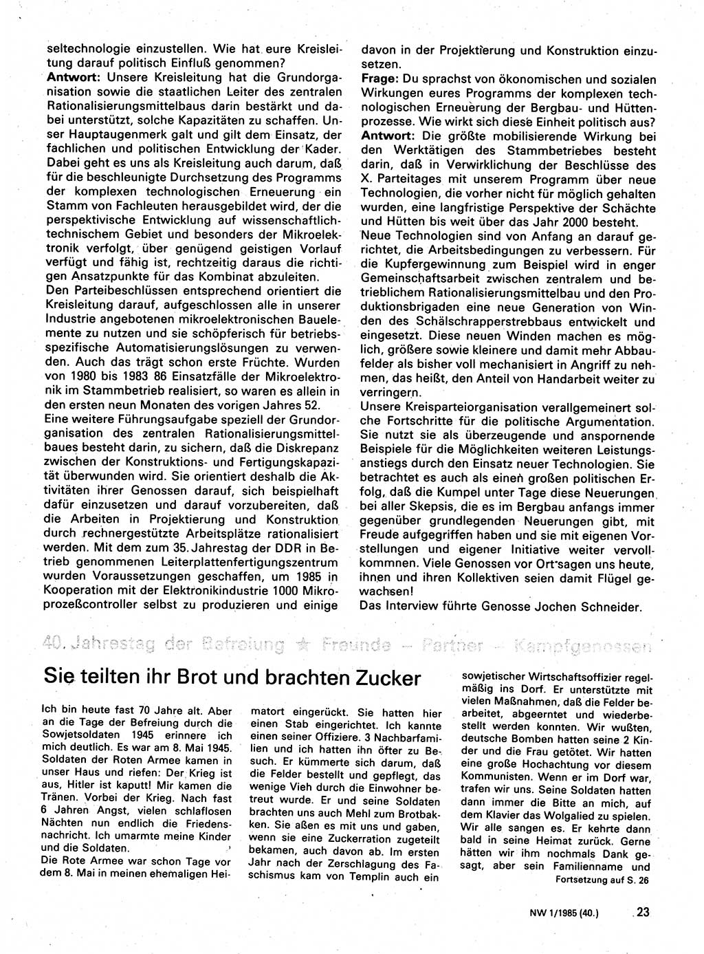 Neuer Weg (NW), Organ des Zentralkomitees (ZK) der SED (Sozialistische Einheitspartei Deutschlands) für Fragen des Parteilebens, 40. Jahrgang [Deutsche Demokratische Republik (DDR)] 1985, Seite 23 (NW ZK SED DDR 1985, S. 23)