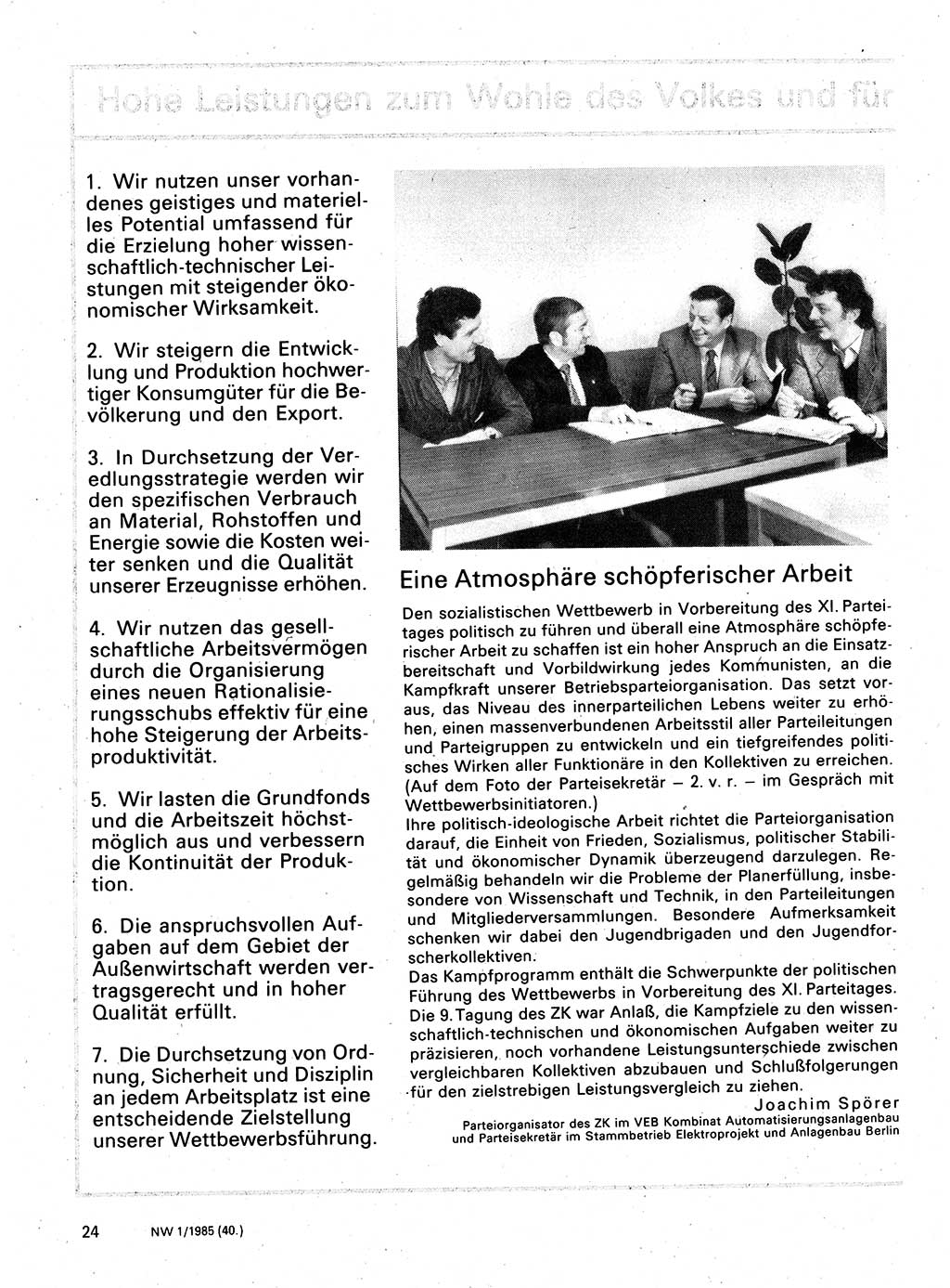 Neuer Weg (NW), Organ des Zentralkomitees (ZK) der SED (Sozialistische Einheitspartei Deutschlands) für Fragen des Parteilebens, 40. Jahrgang [Deutsche Demokratische Republik (DDR)] 1985, Seite 24 (NW ZK SED DDR 1985, S. 24)
