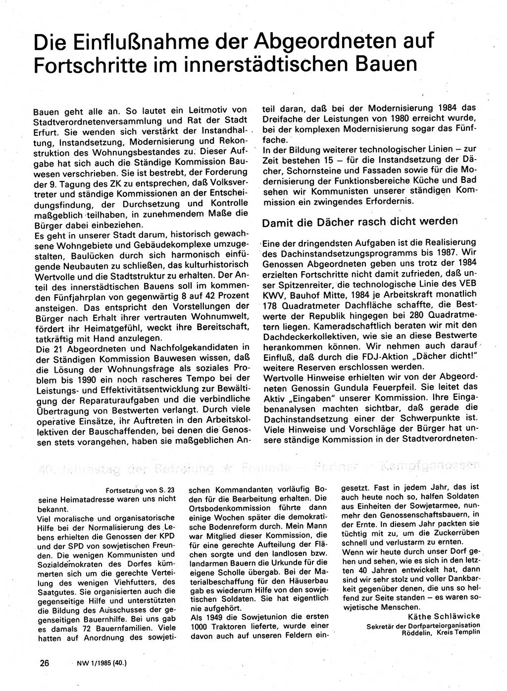 Neuer Weg (NW), Organ des Zentralkomitees (ZK) der SED (Sozialistische Einheitspartei Deutschlands) für Fragen des Parteilebens, 40. Jahrgang [Deutsche Demokratische Republik (DDR)] 1985, Seite 26 (NW ZK SED DDR 1985, S. 26)