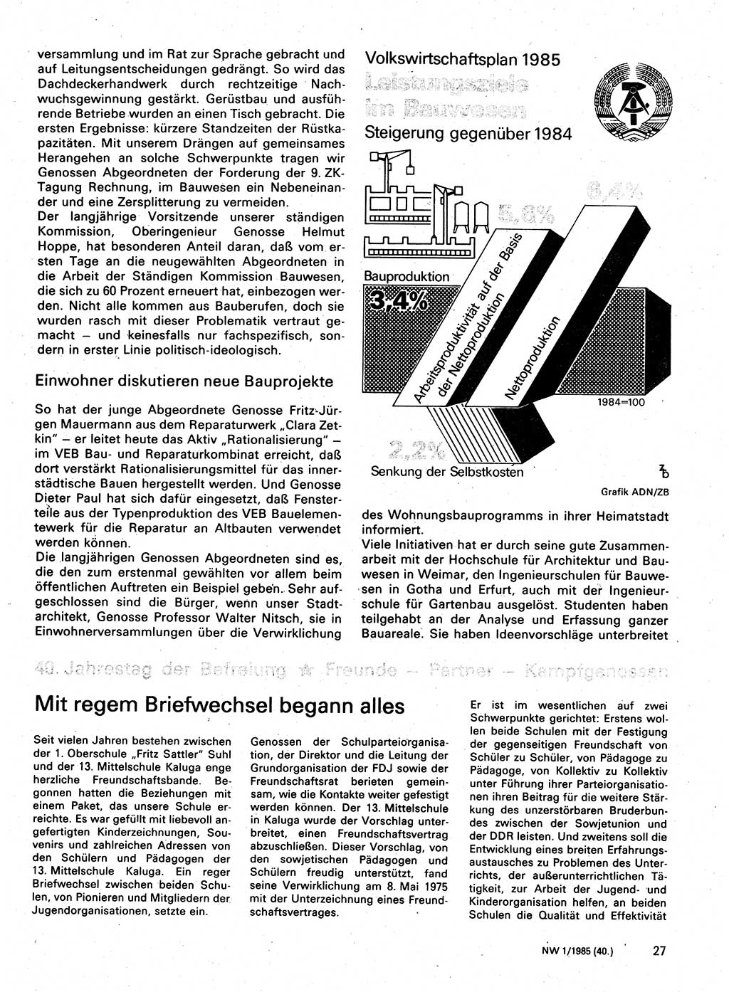 Neuer Weg (NW), Organ des Zentralkomitees (ZK) der SED (Sozialistische Einheitspartei Deutschlands) für Fragen des Parteilebens, 40. Jahrgang [Deutsche Demokratische Republik (DDR)] 1985, Seite 27 (NW ZK SED DDR 1985, S. 27)