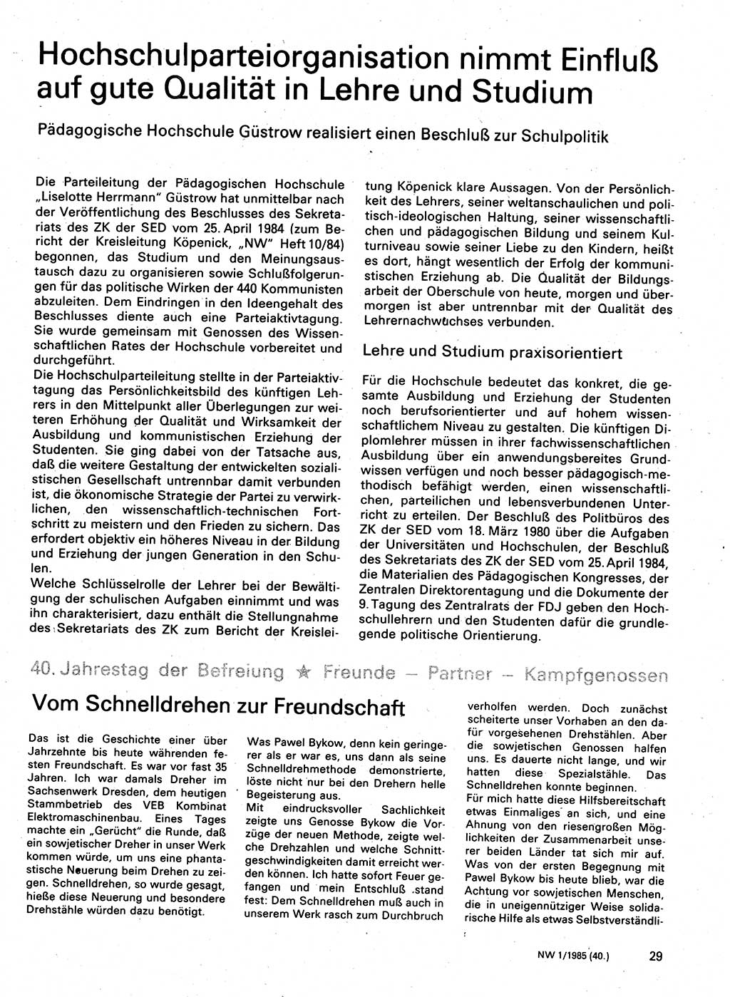 Neuer Weg (NW), Organ des Zentralkomitees (ZK) der SED (Sozialistische Einheitspartei Deutschlands) für Fragen des Parteilebens, 40. Jahrgang [Deutsche Demokratische Republik (DDR)] 1985, Seite 29 (NW ZK SED DDR 1985, S. 29)