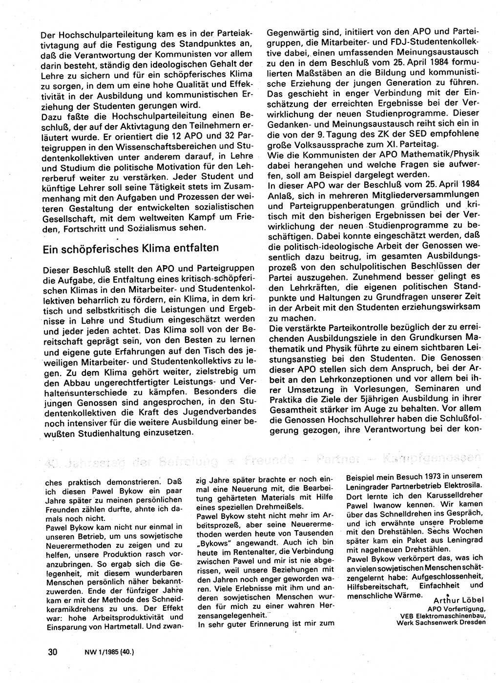 Neuer Weg (NW), Organ des Zentralkomitees (ZK) der SED (Sozialistische Einheitspartei Deutschlands) für Fragen des Parteilebens, 40. Jahrgang [Deutsche Demokratische Republik (DDR)] 1985, Seite 30 (NW ZK SED DDR 1985, S. 30)