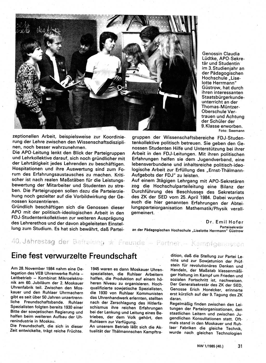 Neuer Weg (NW), Organ des Zentralkomitees (ZK) der SED (Sozialistische Einheitspartei Deutschlands) für Fragen des Parteilebens, 40. Jahrgang [Deutsche Demokratische Republik (DDR)] 1985, Seite 31 (NW ZK SED DDR 1985, S. 31)